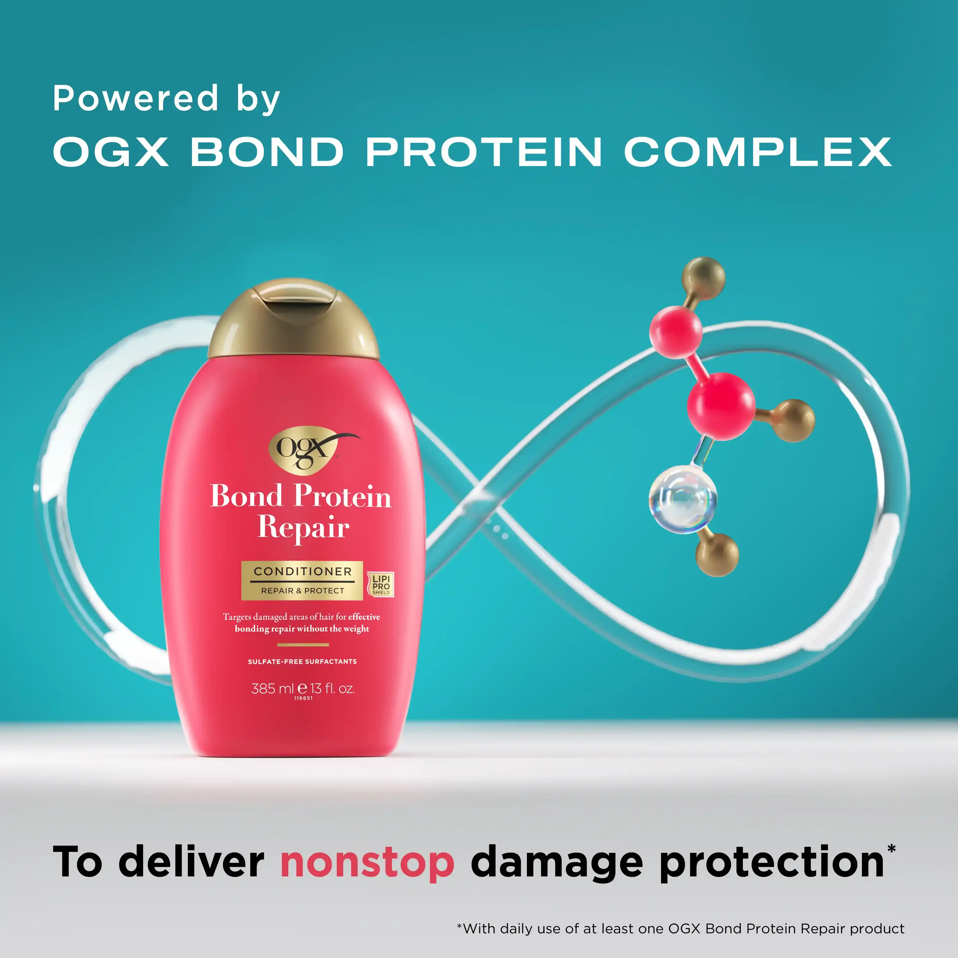 OGX® Bond Protein Repair conditioner coral bottle nonstop damage protection teal background
