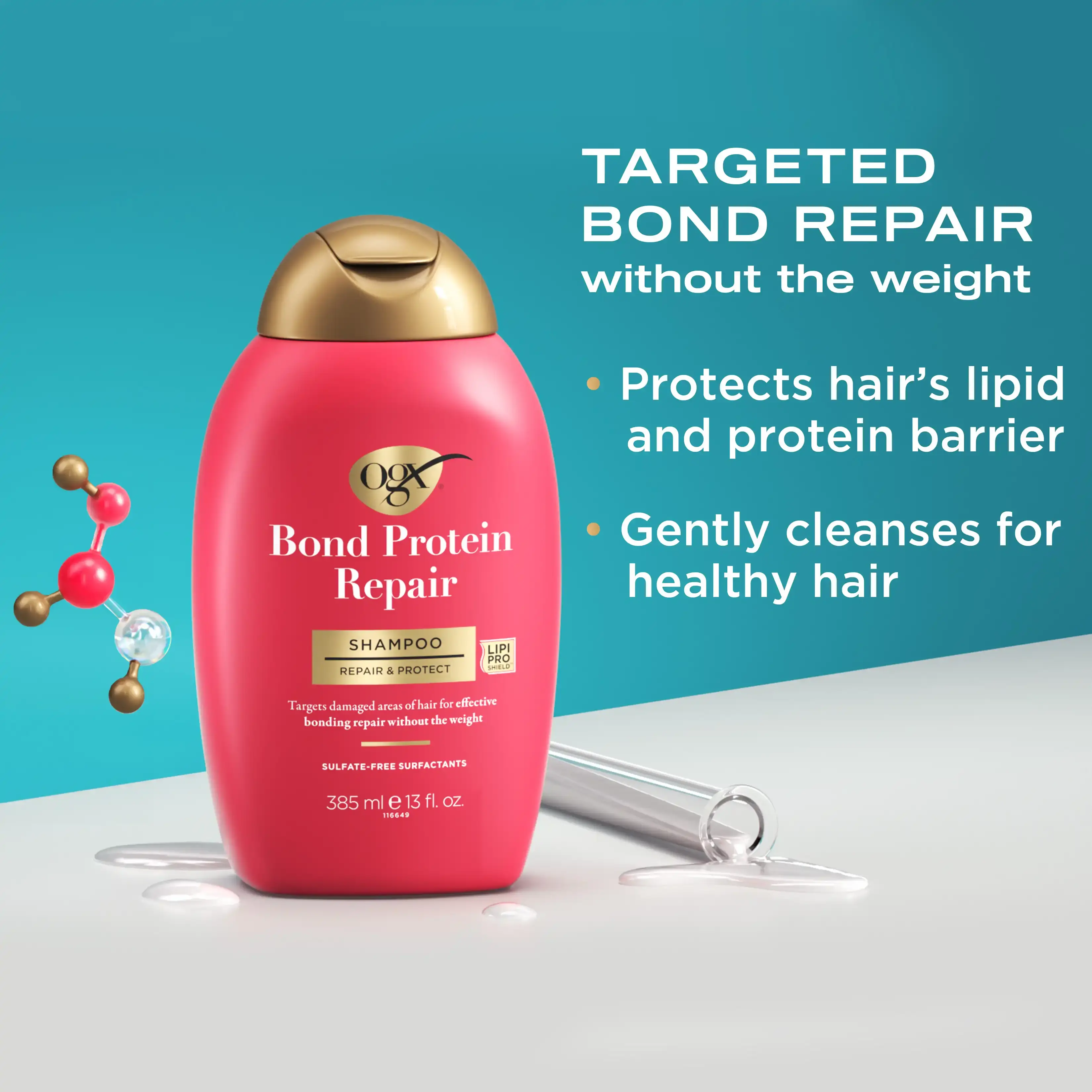 OGX® Bond Protein Repair shampoo coral bottle targeted bond repair without weight