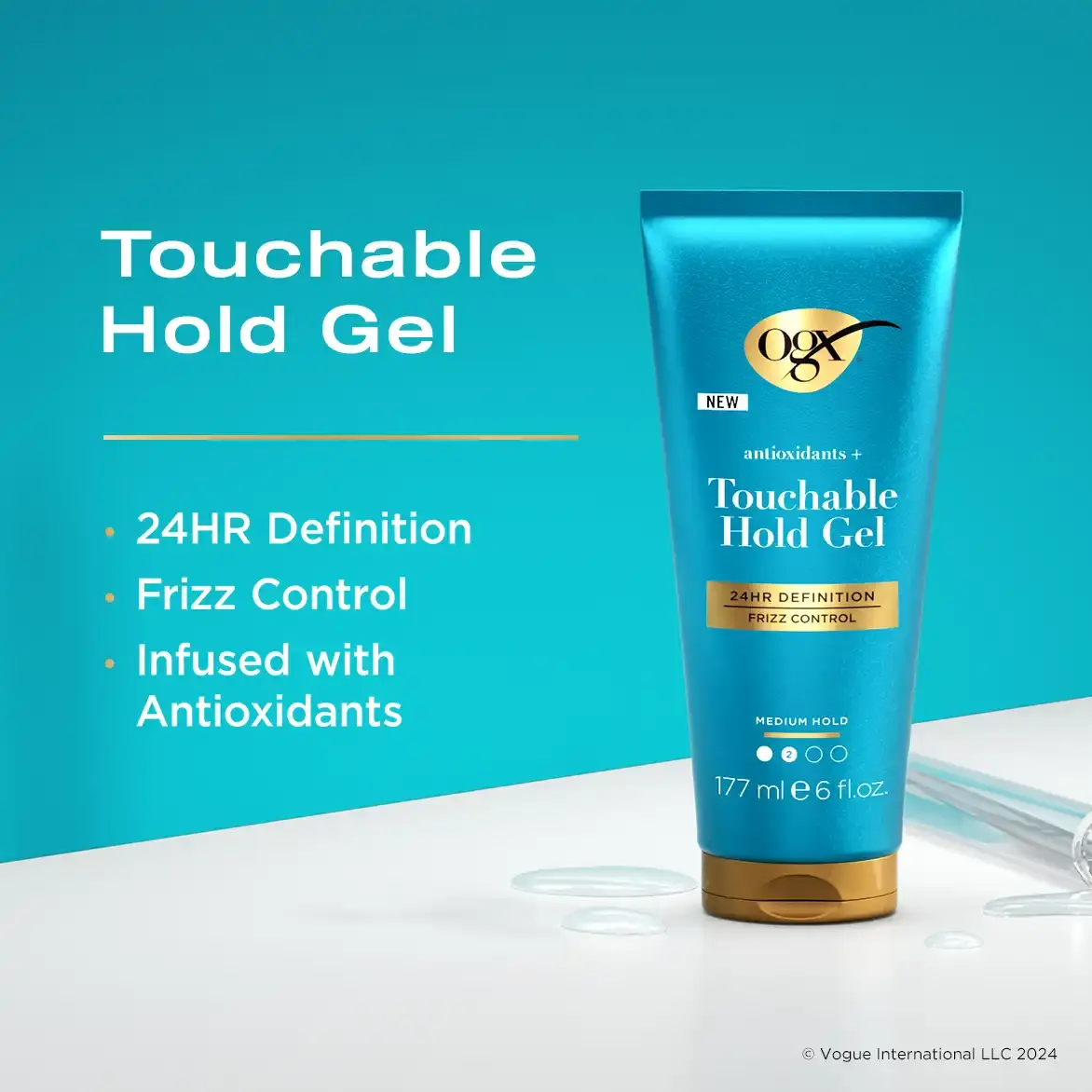 Touchable Hold Gel Product Benefits: 24 hour definition, frizz control, and infused with oxidants