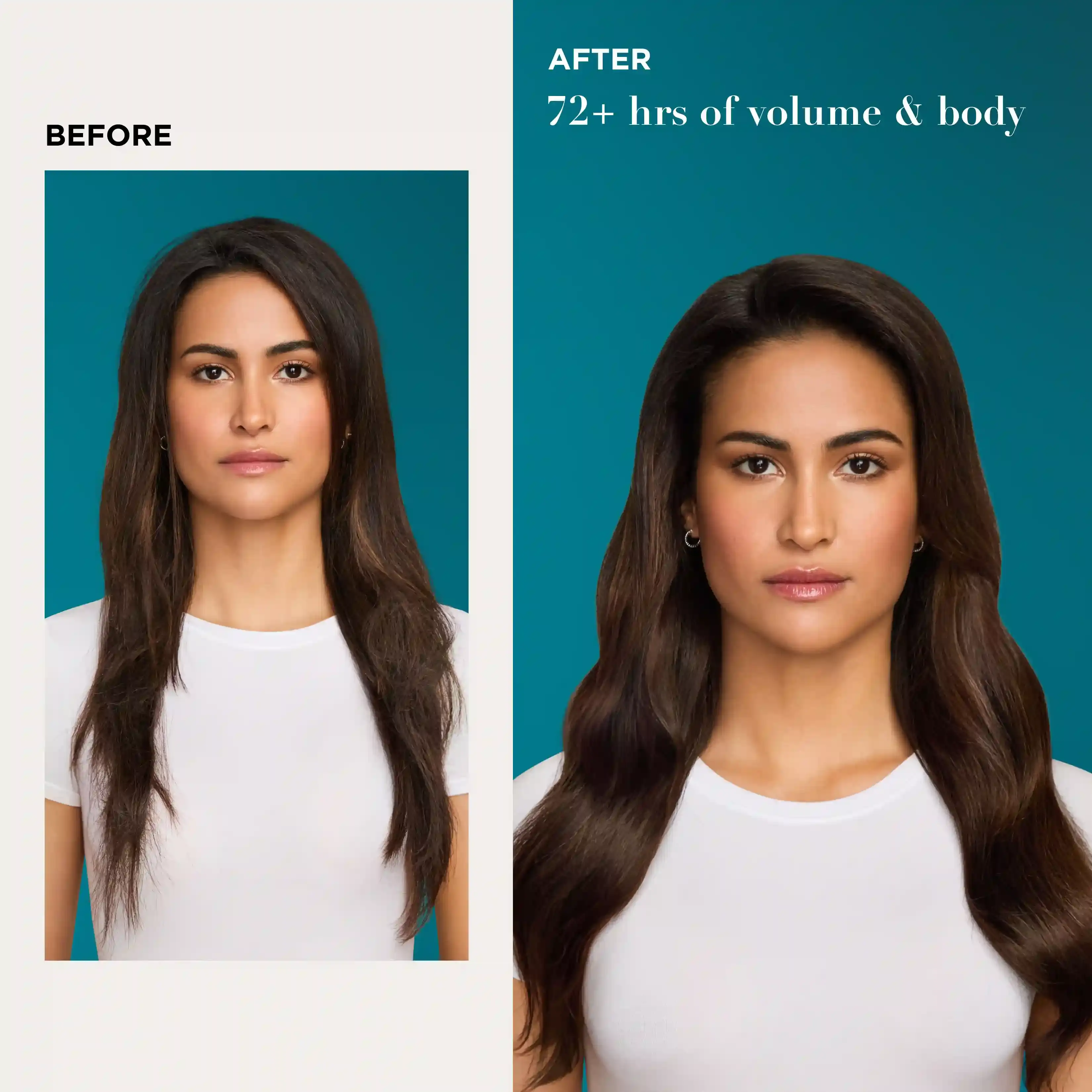 Before and after OGX® Biotin and Collagen 72 plus hours volume and body woman with fuller hair