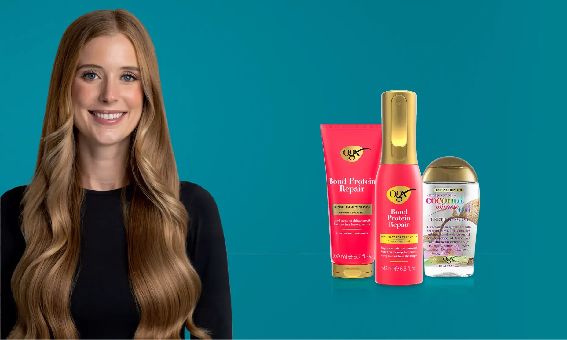 Abbey Yung with healthy hair next to her favorite products: Bond Protein Repair 1 Min Treatment Mask, Bond Protein Repair Heat Protect Spray, Coconut Miracle Oil Penetrating Oil