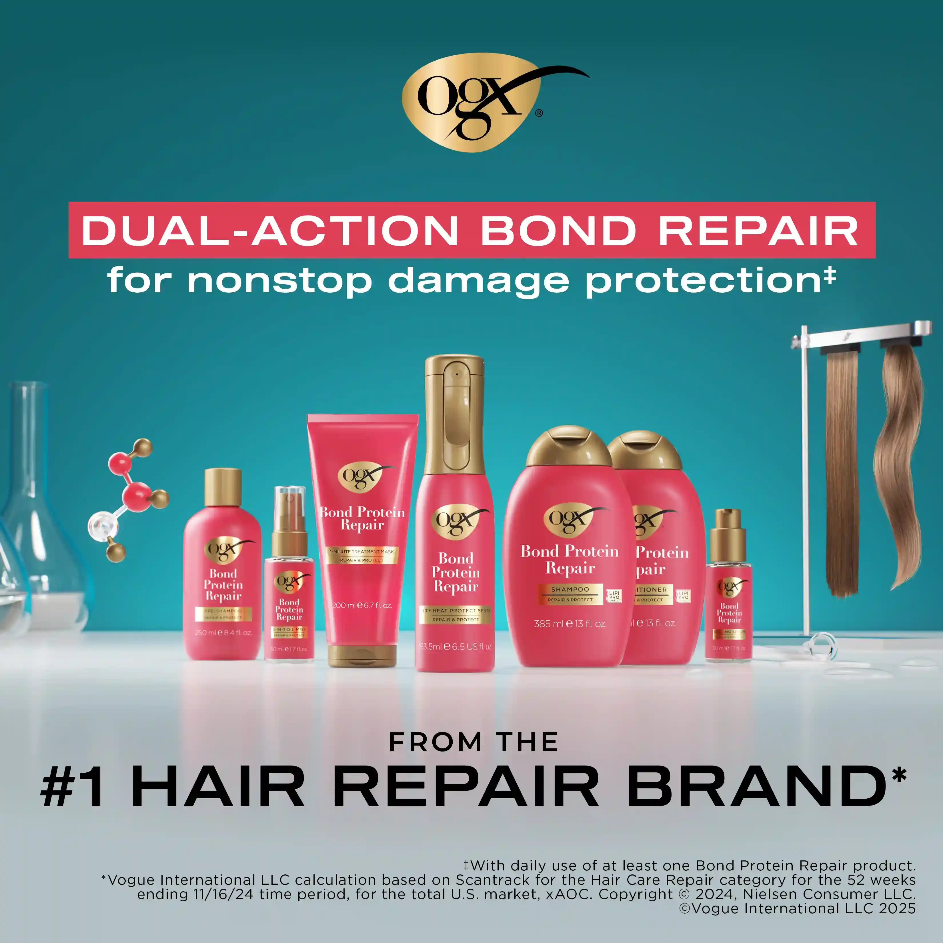 OGX® Bond Protein Repair lineup shampoo conditioner spray dual action bond repair