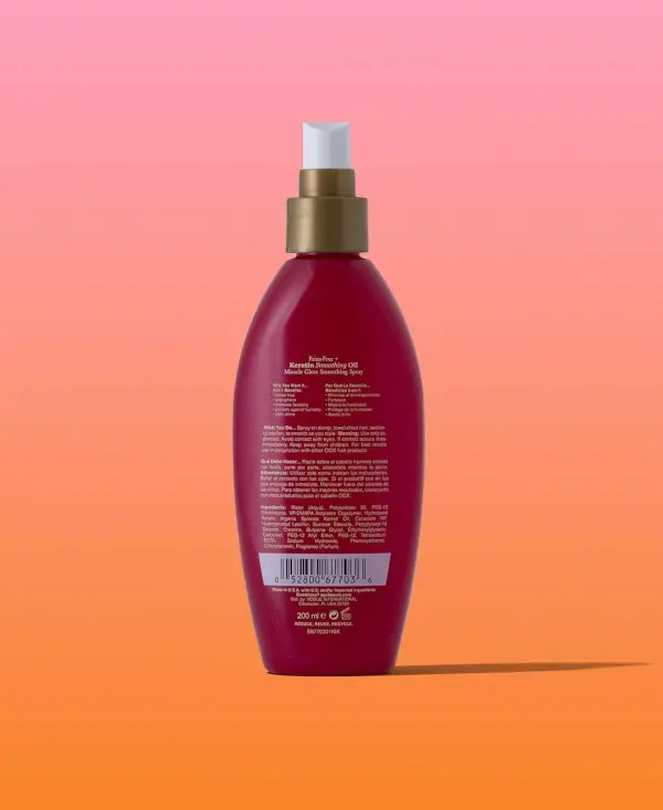 [DISCONTINUED] Frizz-Free + Keratin Smoothing Oil Miracle Gloss Spray 6.8 fl oz Back of Packaging