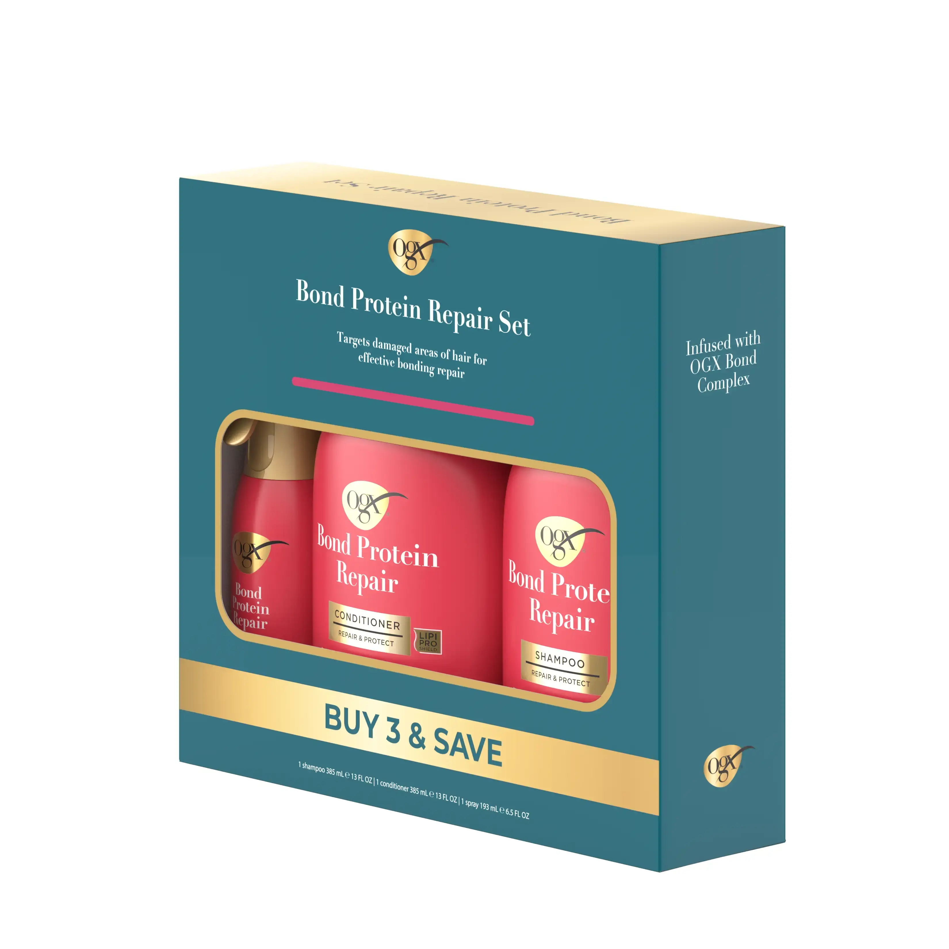 OGX® Bond Protein Repair Set angled teal box three red bottles buy 3 and save