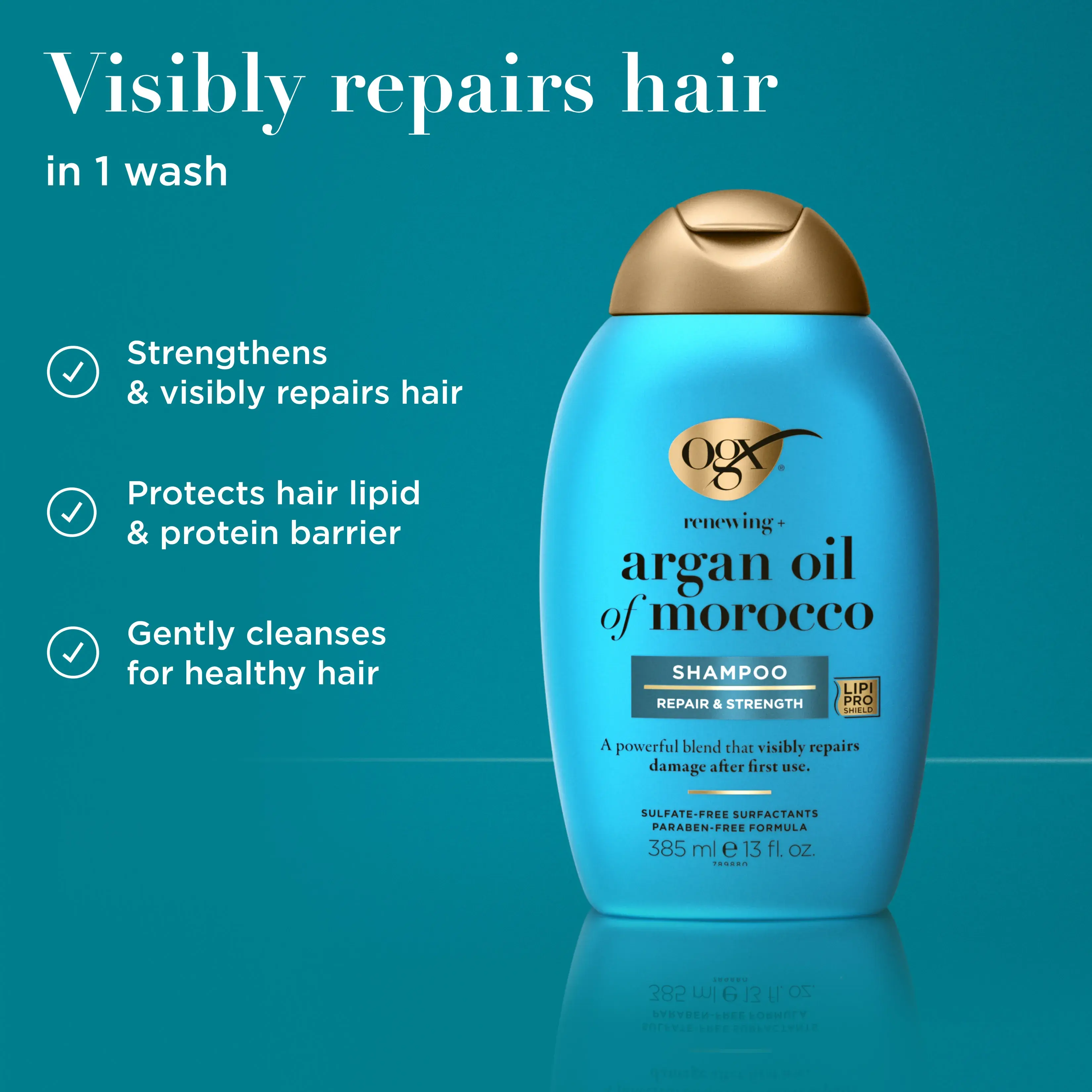 Argan Oil of Morocco Shampoo visibly repairs hair in 1 wash: strengthens & visibly repairs hair, protects hair lipid & protein barrier, cleases for healthy hair.