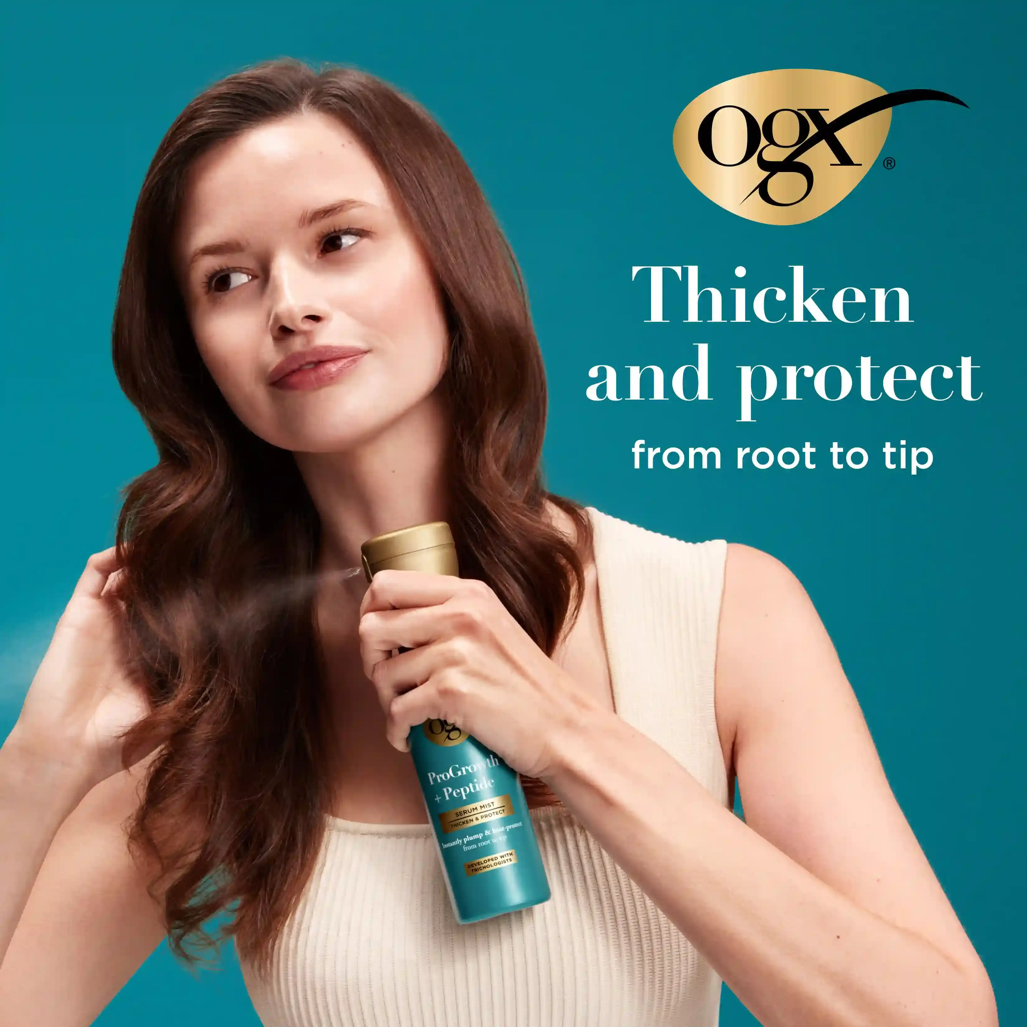 Woman with healthy hair after using ProGrowth + Peptide Serum Mist. Thicken and protect from root to tip