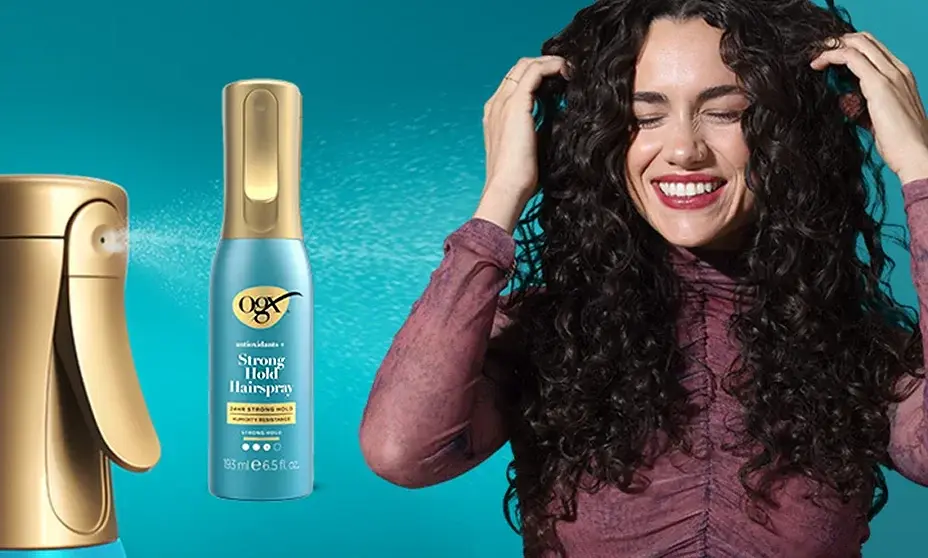 Woman using OGX® Strong Hold Hairspray and front of packaging