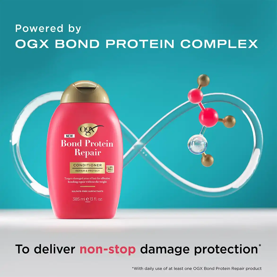 Bond Protein Repair Lightweight Conditioner Powered by OGX Bond Protein Complex to deliver non-stop damage protection* with daily use of at least one OGX Bond Protein Repair product