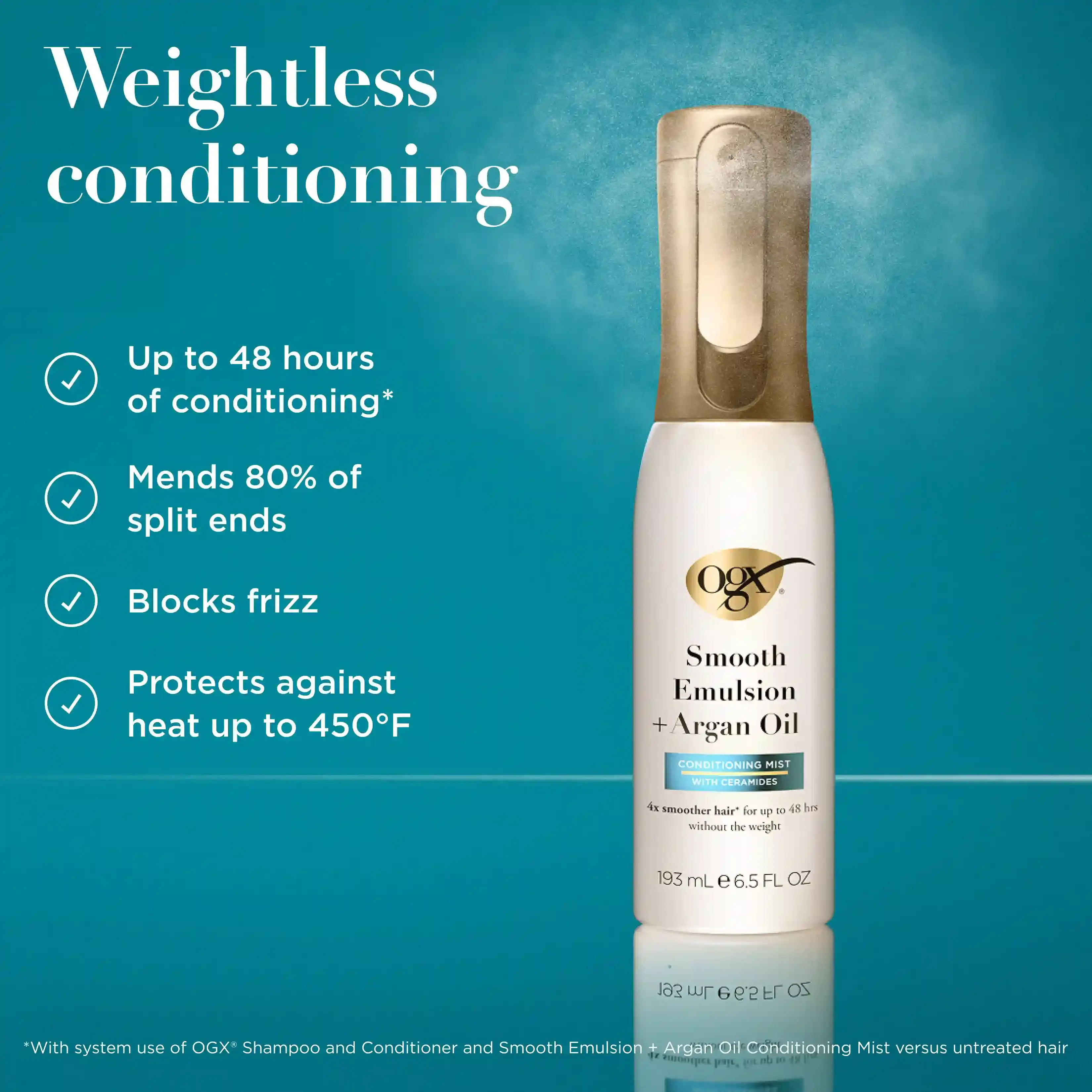 Weightless conditioning. up to 48 hours of conditioning, mends 80% of split ends, blocks frizz, protects against heat up to 450°F