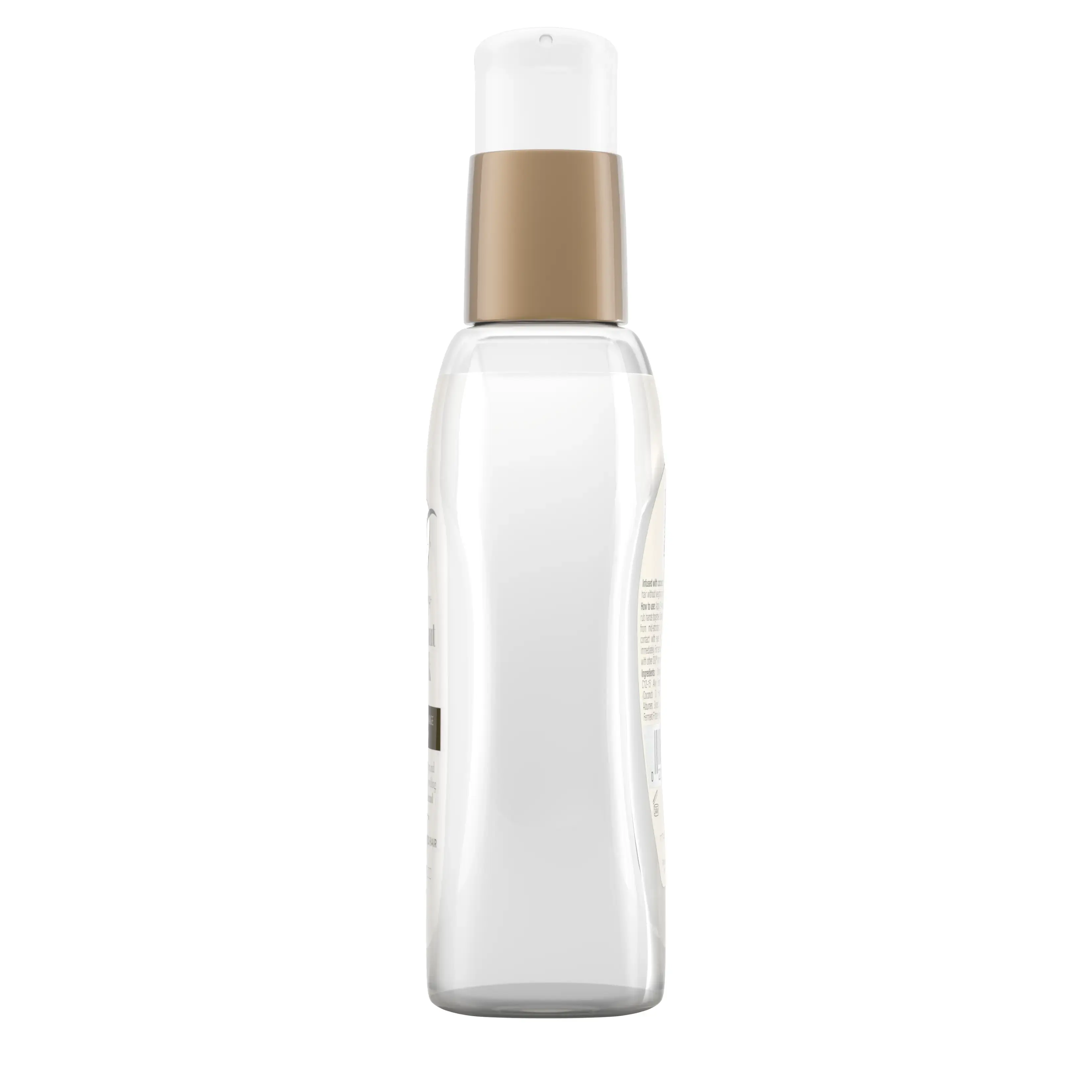Side view of Coconut Milk Anti-Breakage Serum bottle showing clear container and gold pump