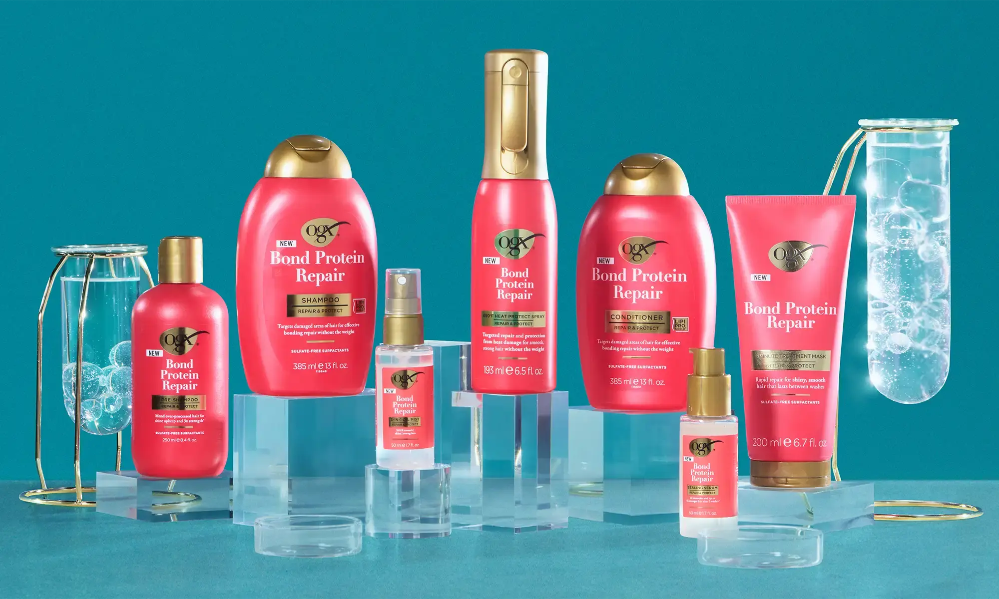 The OGX® bond protein repair product line and complete repair routine featuring the heat protect spray