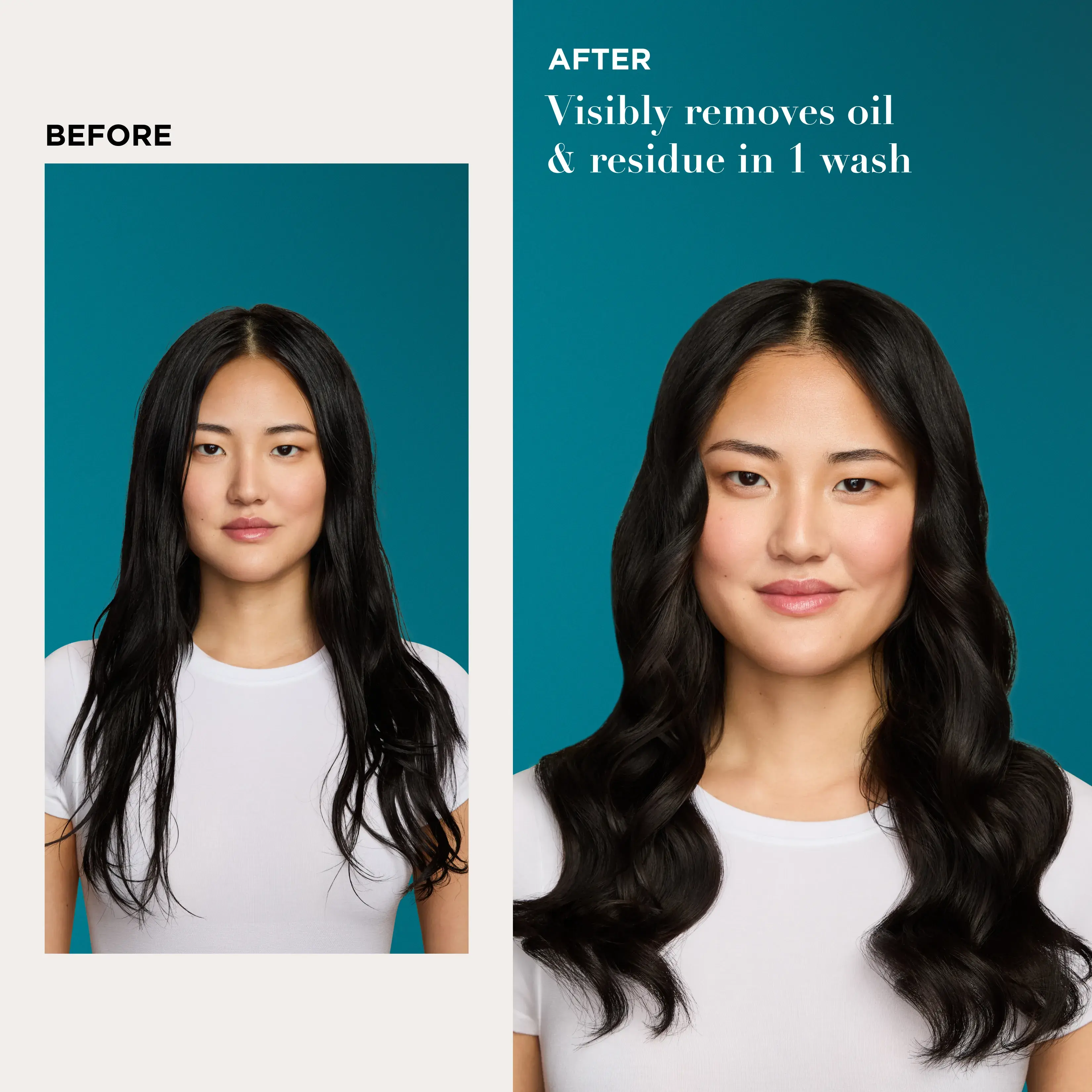 Before and After image displaying woman that used Rosemary Mint product which visibly removes oil & residue in 1 wash