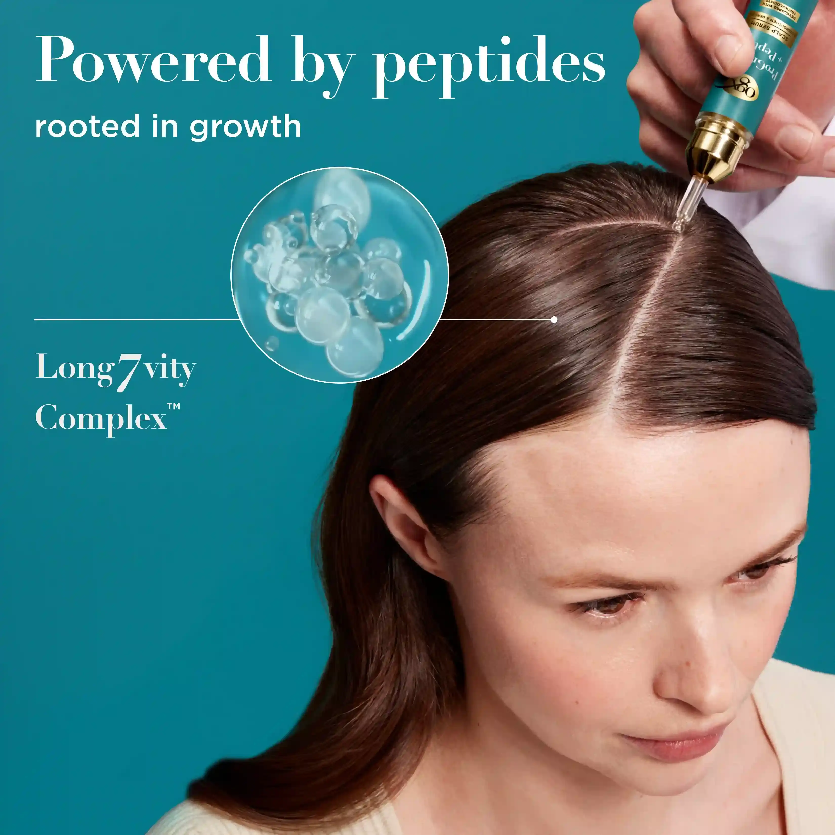 Woman applying ProGrowth + Peptide Scalp Serum to hair. Powered by peptides, rooted in growth.