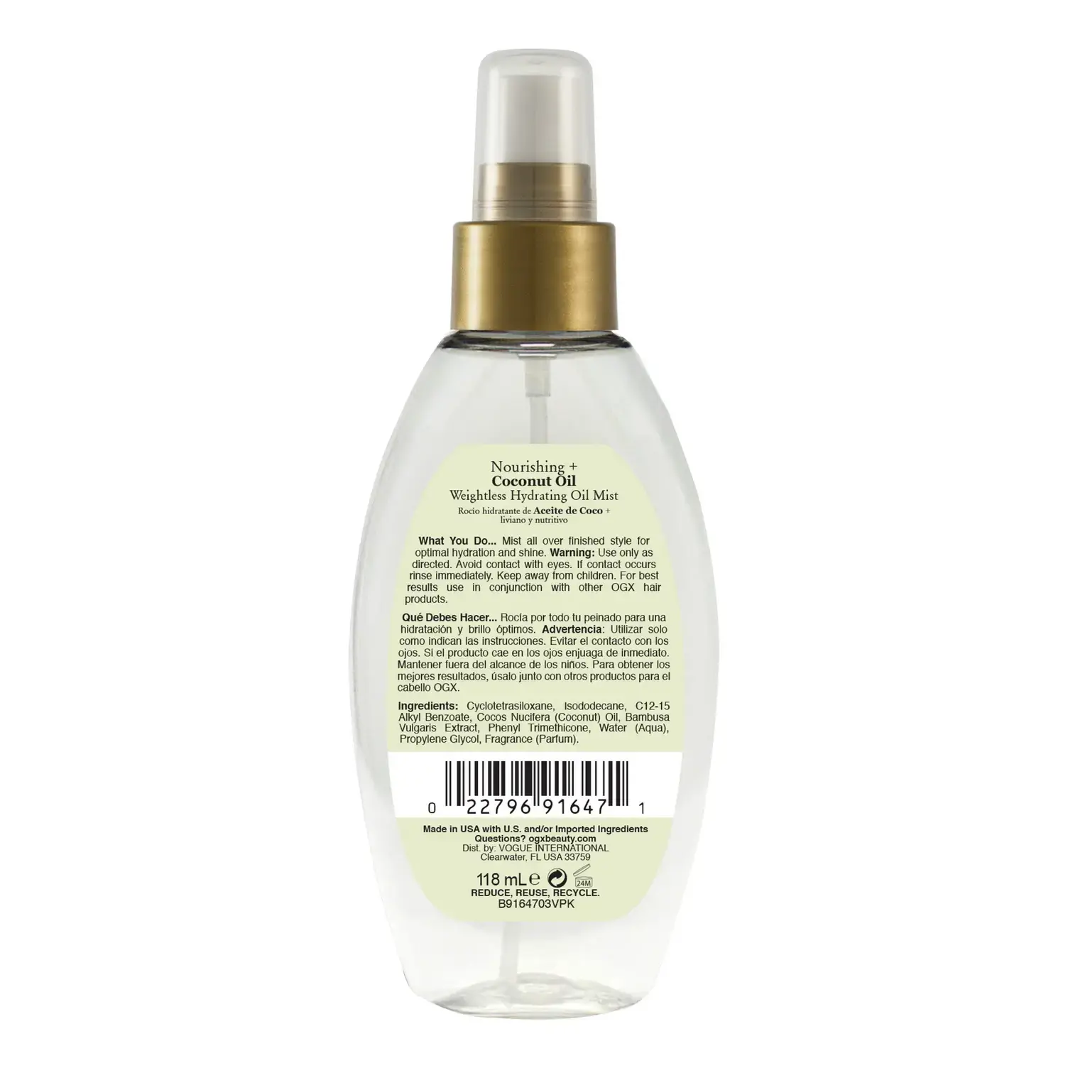Coconut Oil Weightless Mist Back of Packaging
