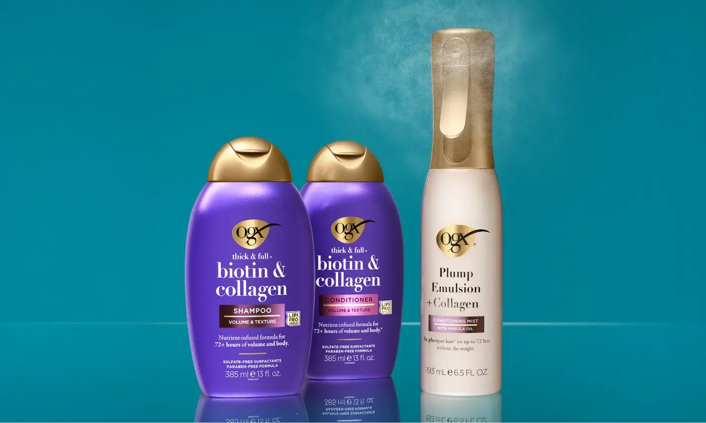 The plump routine for fine to medium hair: 1 cleanse with biotin & collagen shampoo, 2 condition with biotin & collagen conditioner, 3 treat and style with Smooth Emulsion + Collagen Conditioning Mist