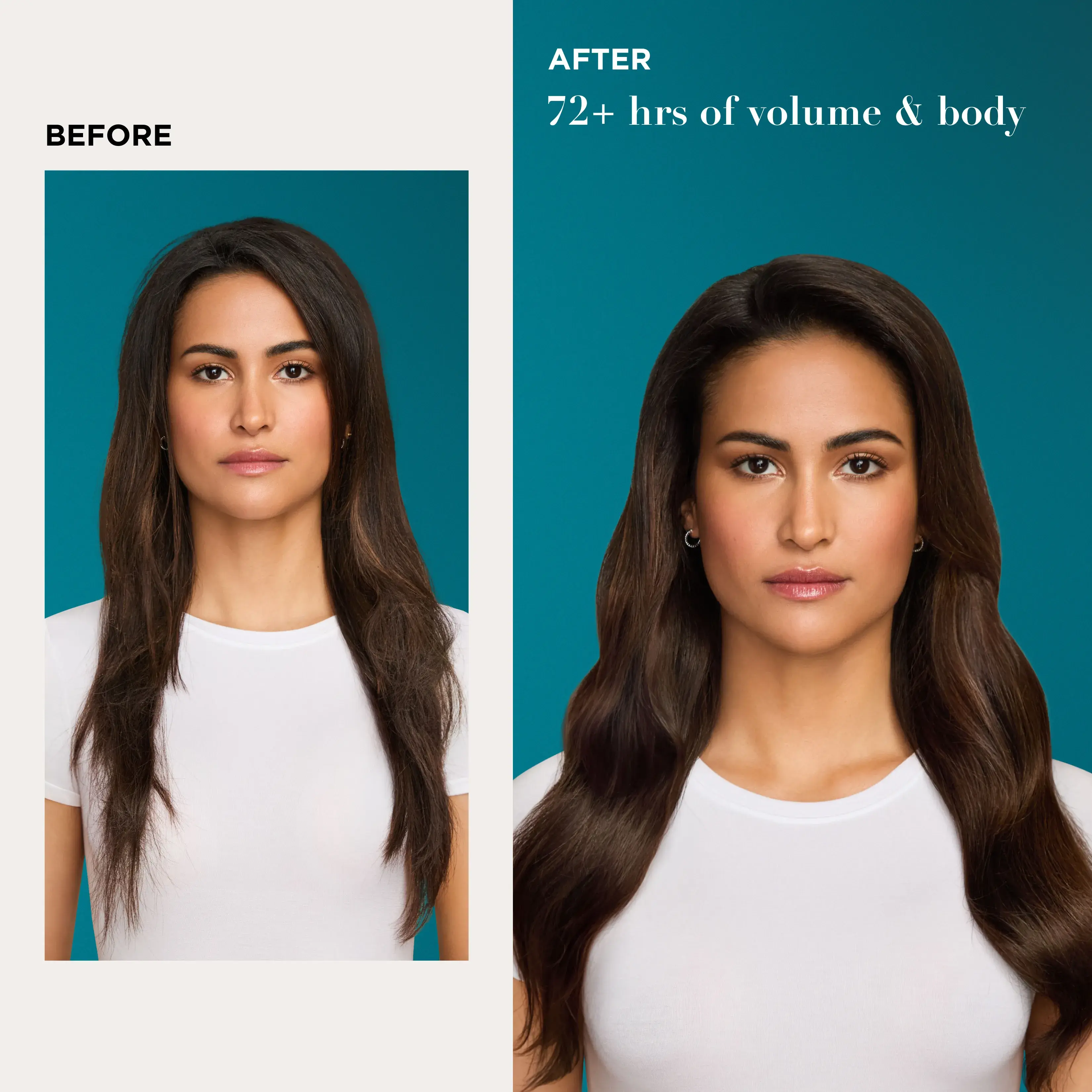 Before and After image displaying woman that used Biotin & Collagen product which gives 72+ hrs of volume & body