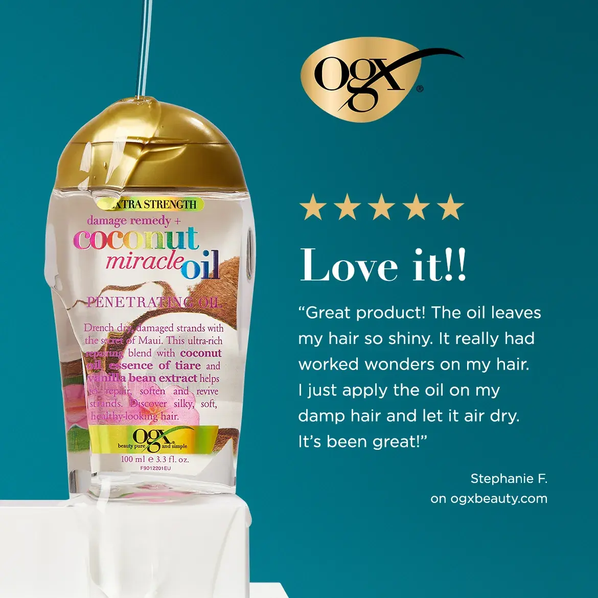 Coconut Miracle Oil penetrating oil testimonial: Great Product! The oil leaves my hair so shiny
