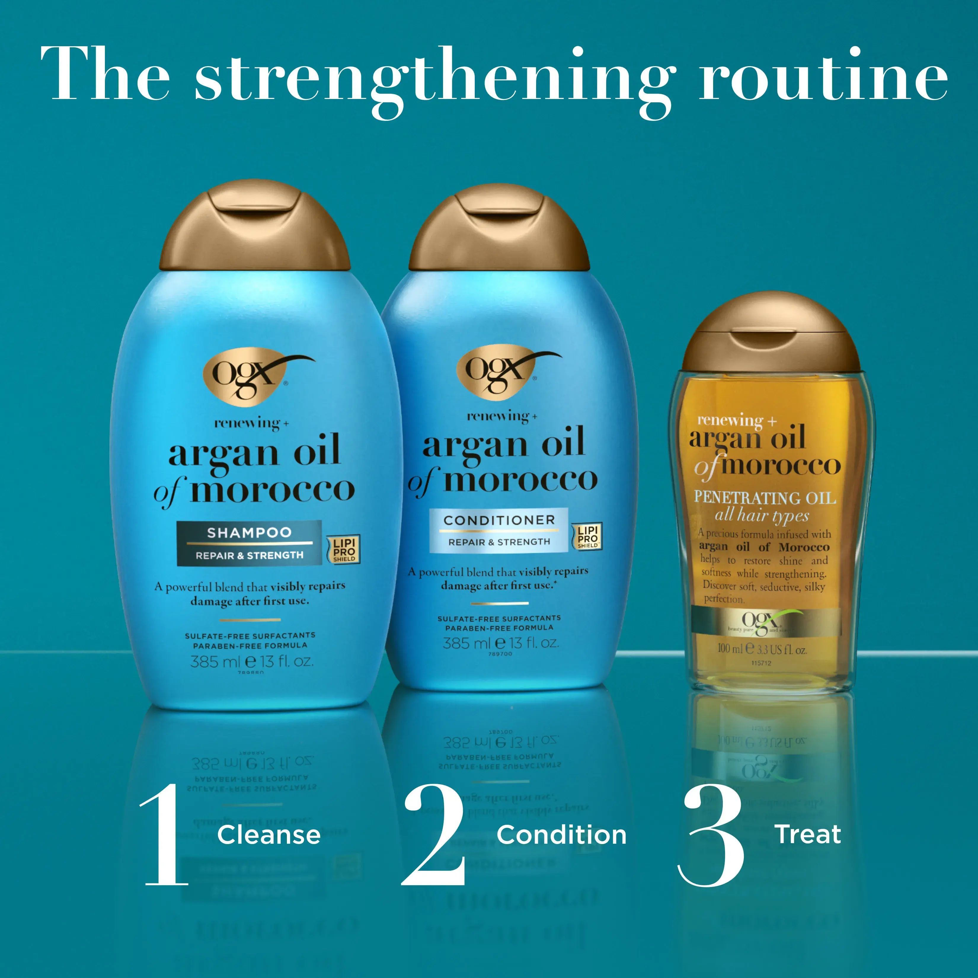 The Strengthening Routine: 1 Cleanse with argan oil of morocco shampoo 2 condition with argan oil of morocco conditioner 3 treat with argan oil of morocco penetrating oil