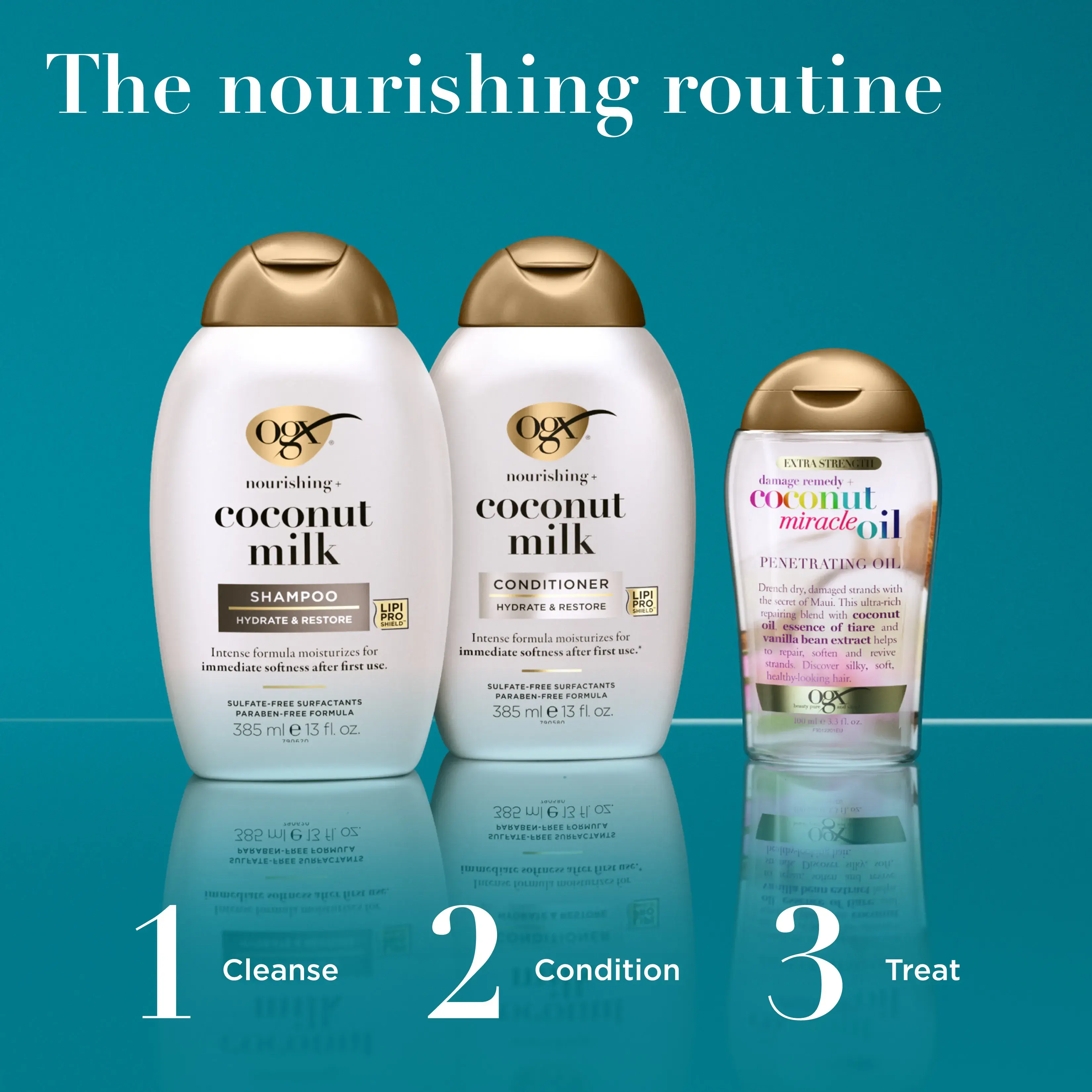The Nourishing Routine: 1 Cleanse with coconut milk shampoo 2 condition with coconut milk conditioner 3 treat with coconut miracle oil penetrating oil
