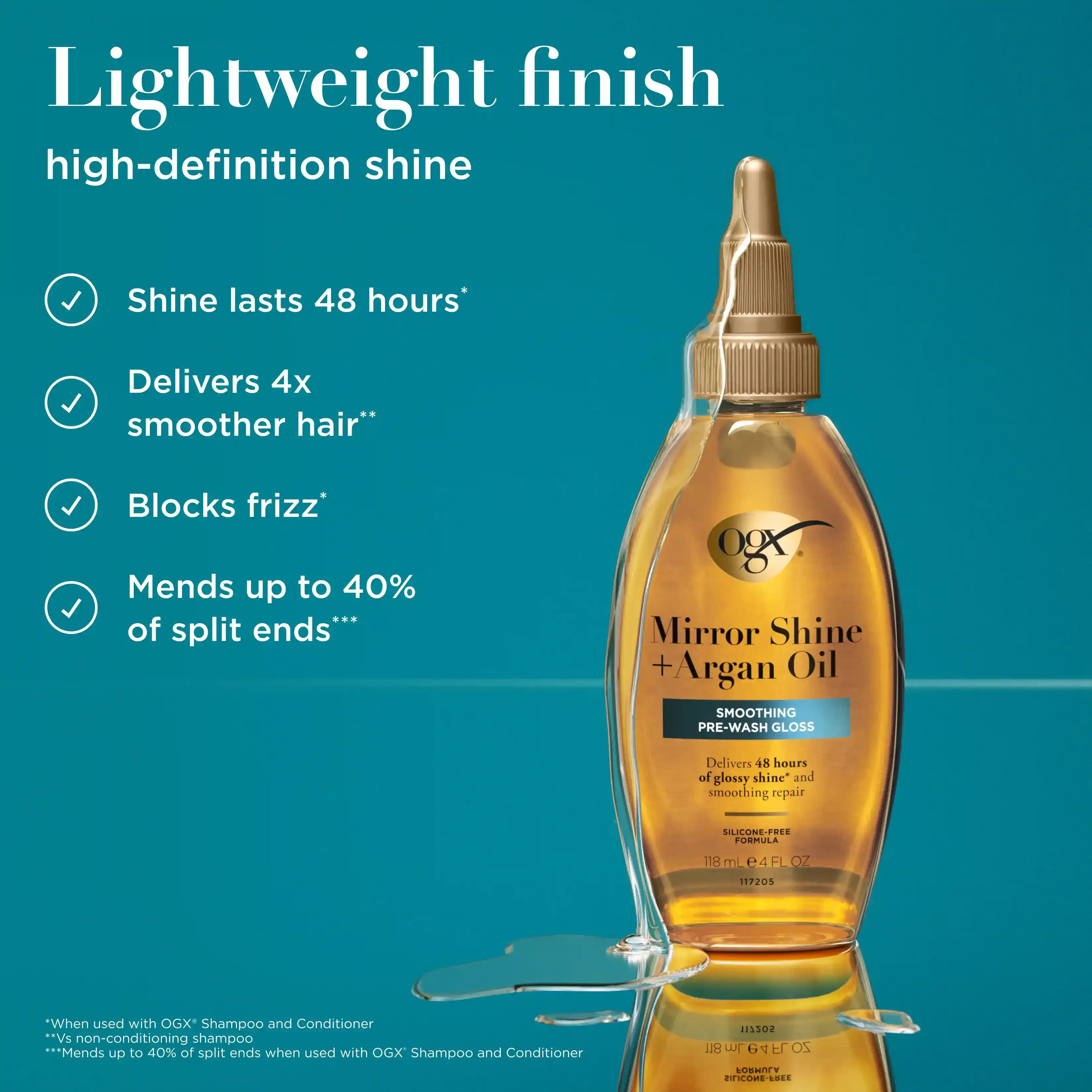 lightweight finish high definition shine. shine lasts 48 hours, delivers 4x smoother hair, blocks frizz, mends up to 40% of split ends
