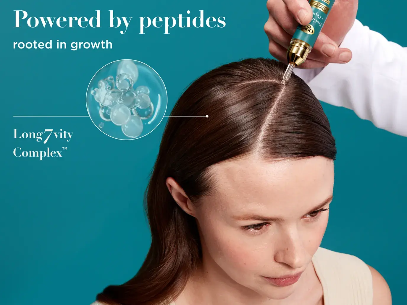 Woman applying ProGrowth + Peptide Scalp Serum to hair. Powered by peptides, rooted in growth.