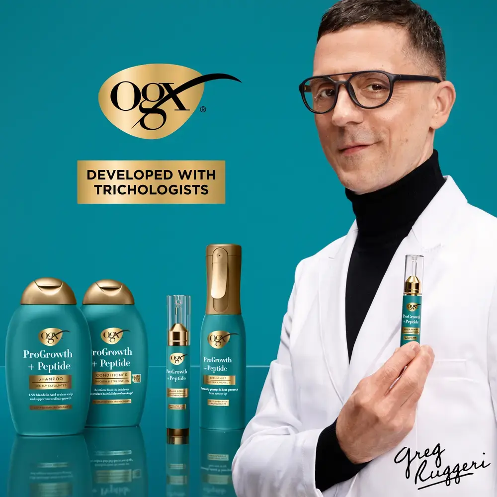 ProGrowth + Peptide Product line developed with trichologists. Image displaying trichologist holding ProGrowth Products