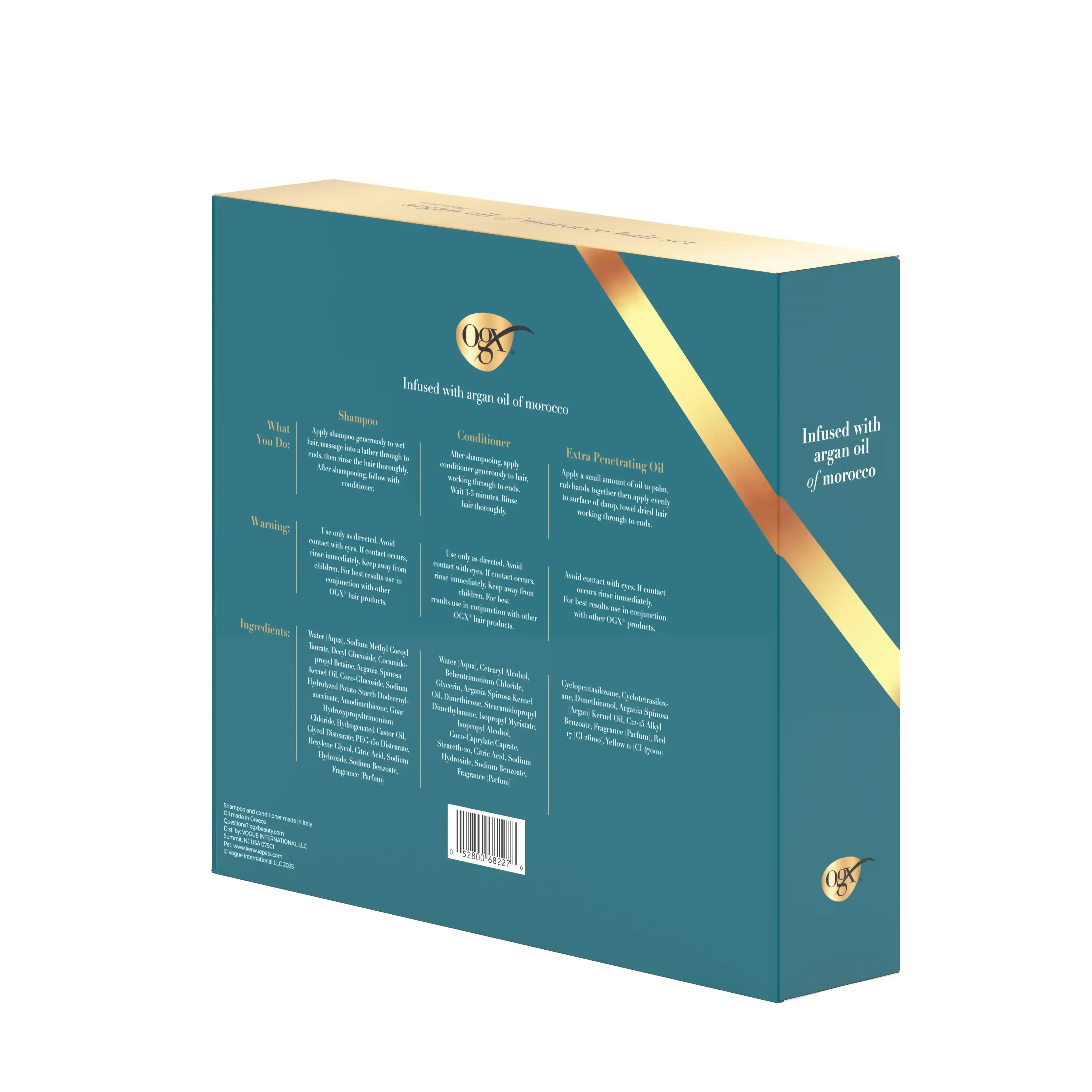 OGX® Argan Oil of Morocco set box back angled opposite side with ingredients and usage panels