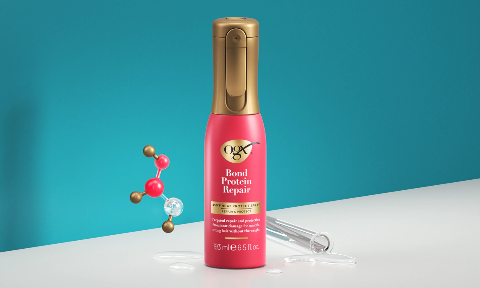 OGX® Beauty Bond Protein Repair 450°F Heat Protect Spray product and molecule