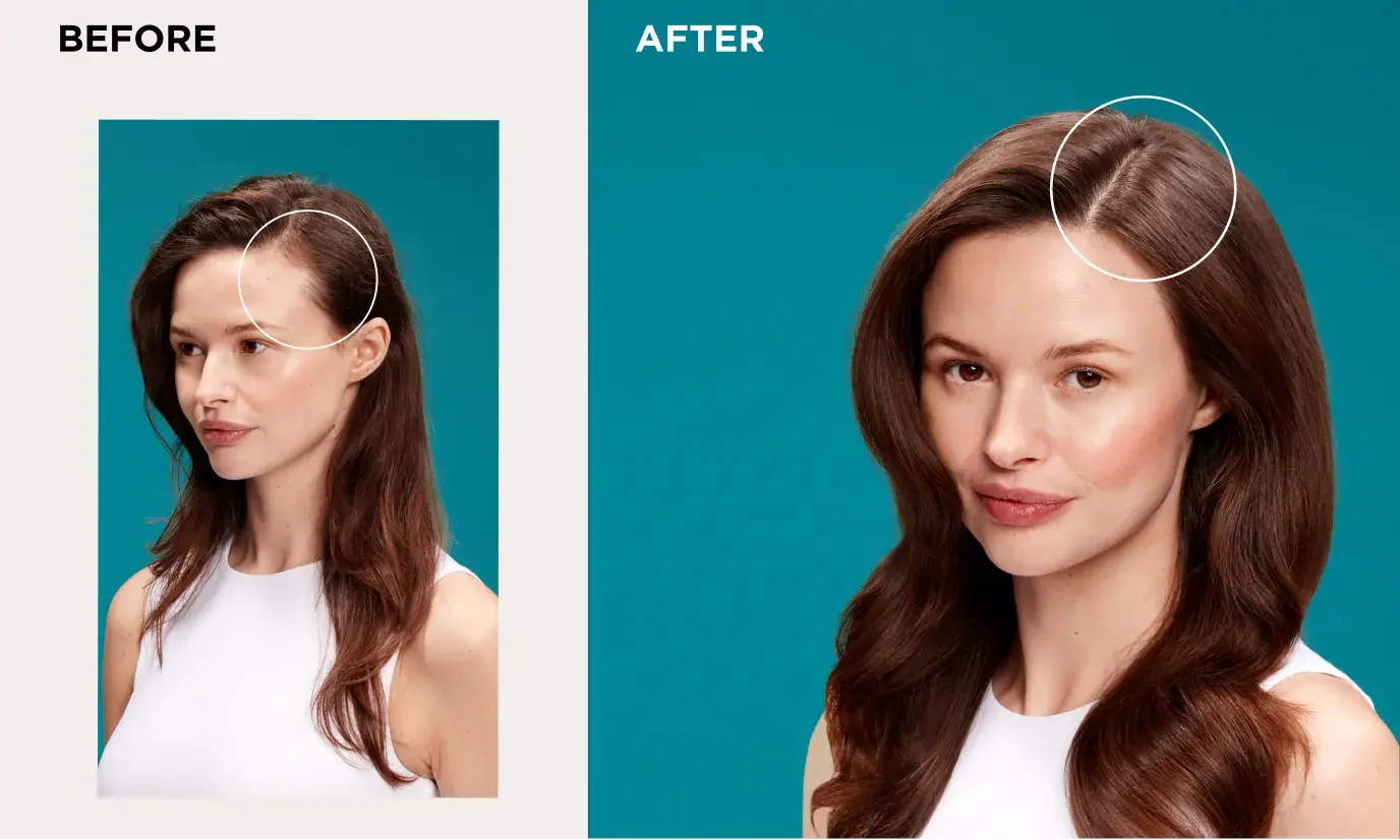 Before and After image displaying woman with visibly thicker & fuller hair from the root