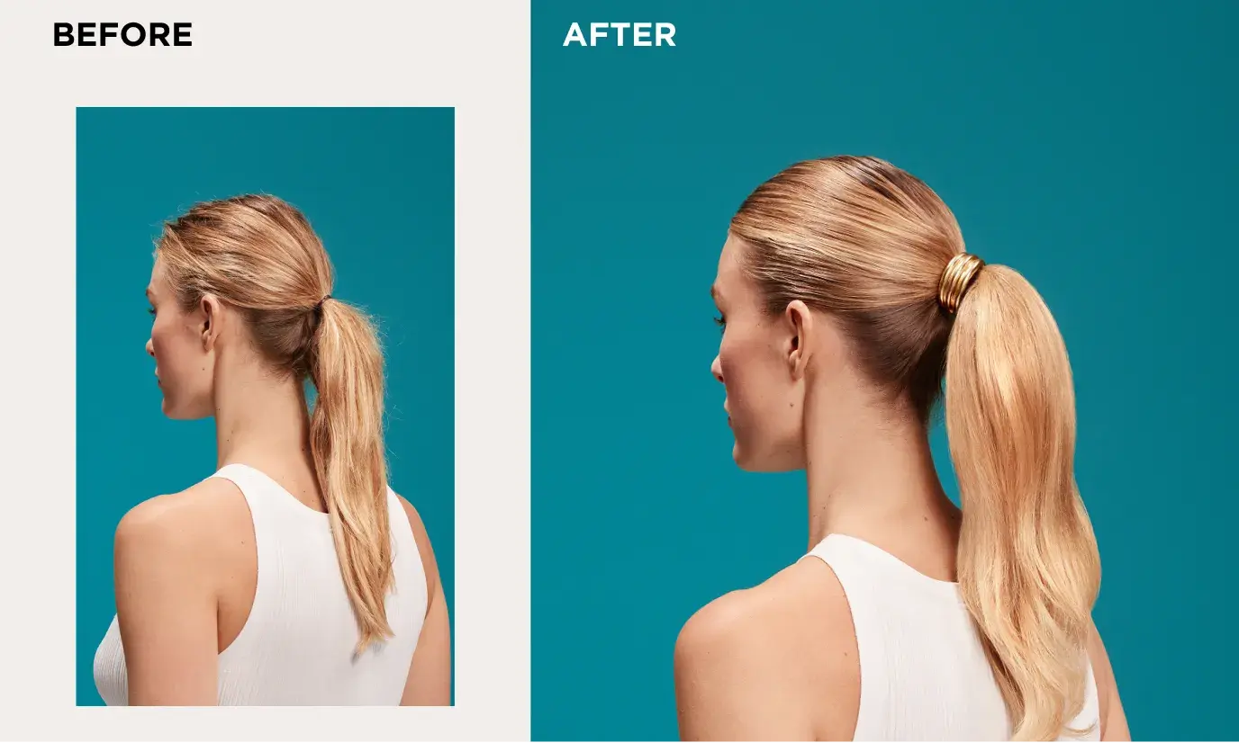 Before and After image displaying woman with 4x plumber hair for up to 72 hours after using Smooth Emulsion + Collagen Conditioning Mist