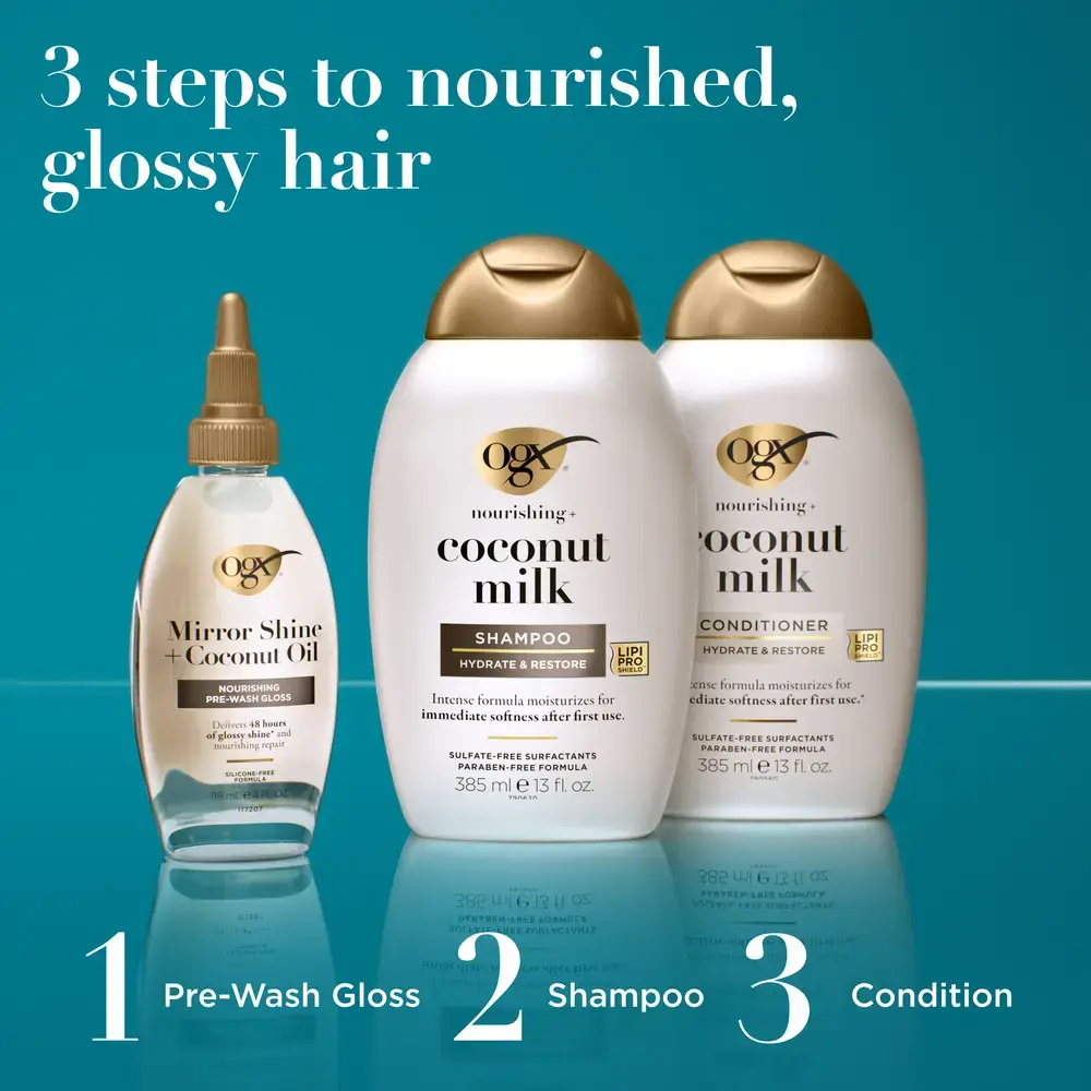 3 steps to nourished glossy hair: 1 Pre-wash Gloss 2 Shampoo 3 Condition