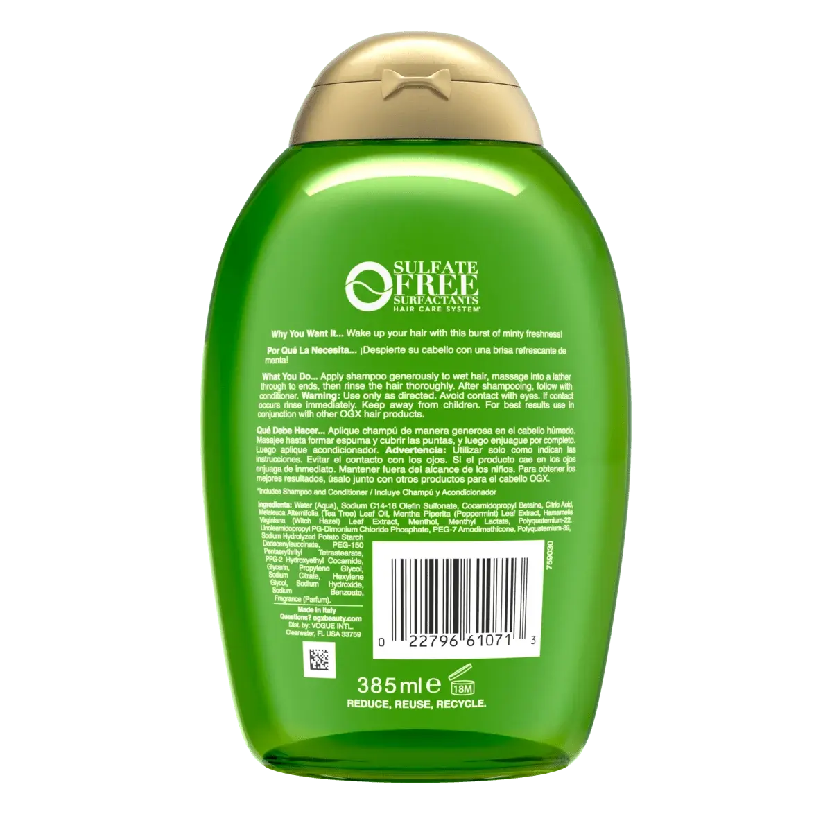 [DISCONTINUED] Teatree Mint Extra Strength Shampoo 13oz Back of Packaging