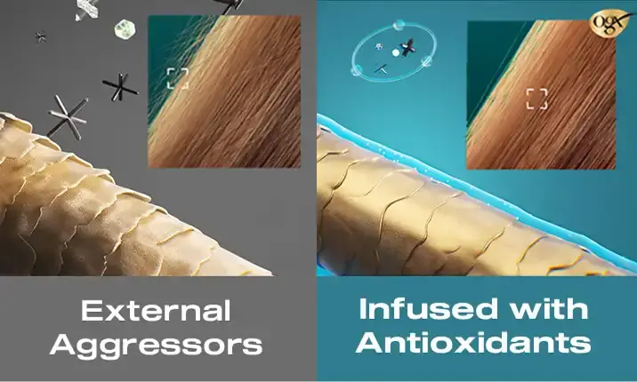 Image displaying the long lasting protection effects of OGX® Style Finishers infused with antioxidants on hair follicles against external aggressors