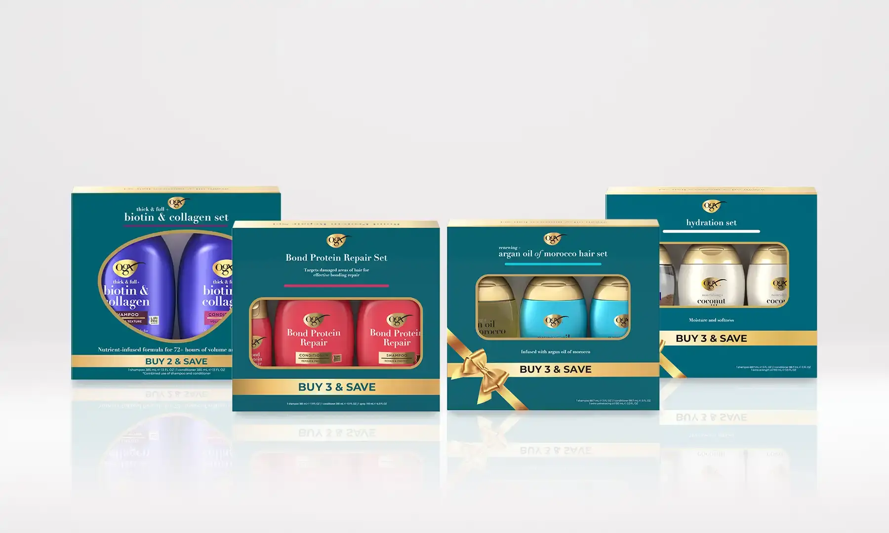 OGX® Gift Sets with our best sellers including Argan Oil of Morocco, Biotin and Collagen, Coconut Milk and Bond Protein Repair