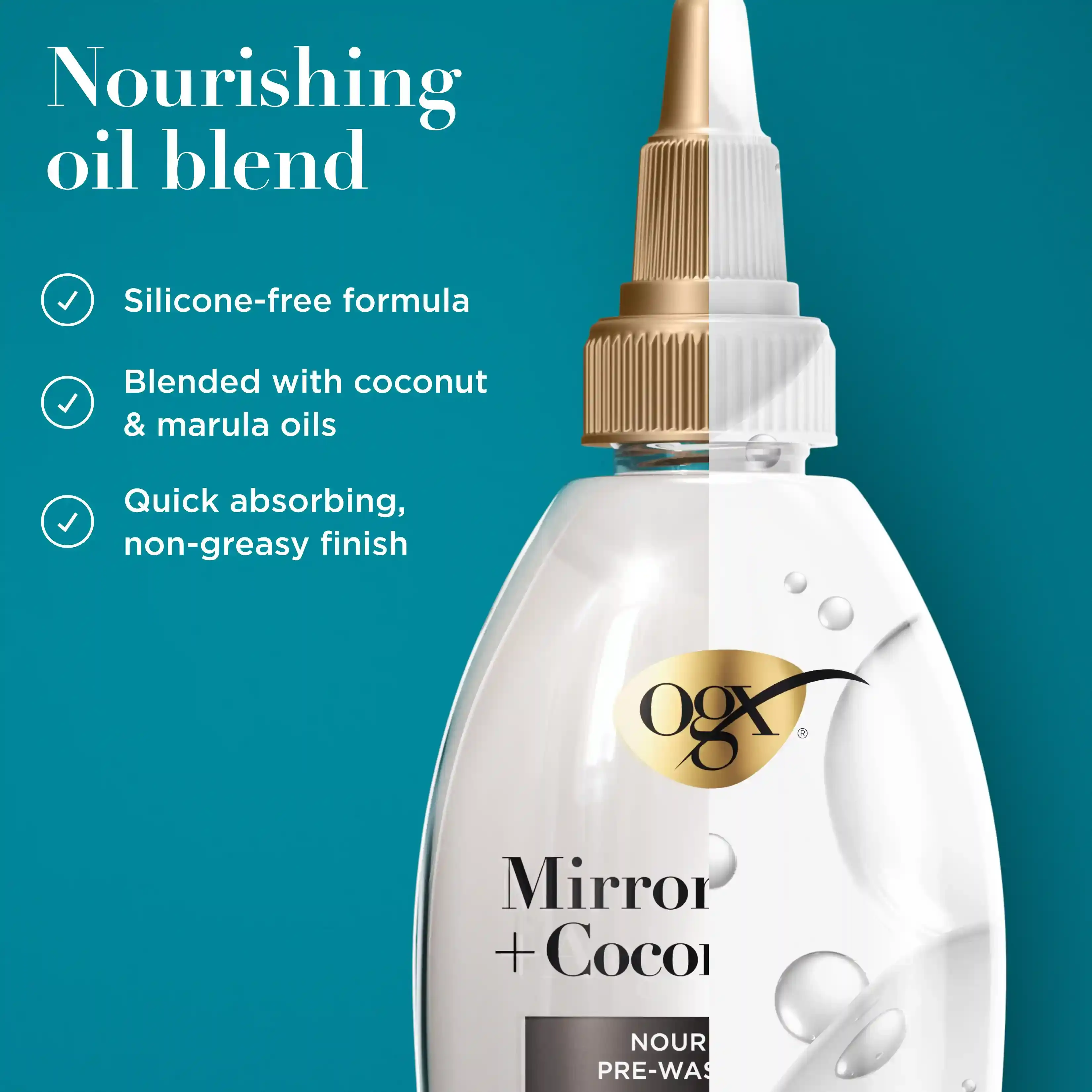 Nourishing oil blend. silicone-free formula, blended with coconut and marula oils, quick absorbing non-greasy finish