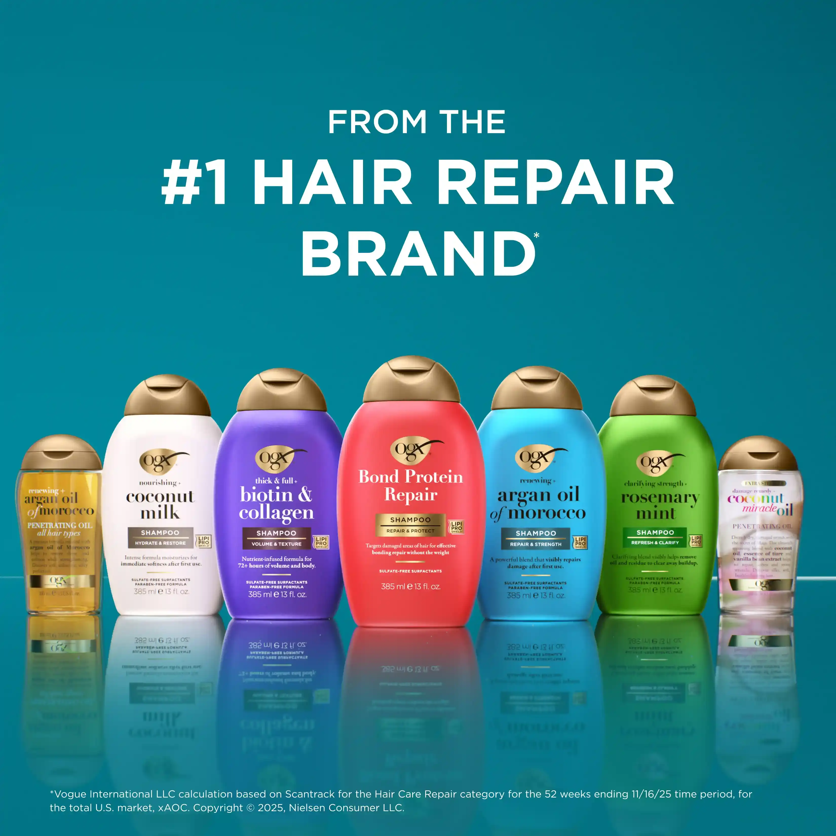 OGX® lineup image featuring Argan Oil of Morocco among other hair repair shampoos and oils