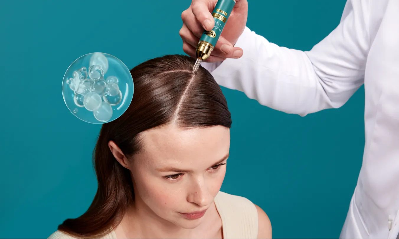 Woman applying ProGrowth + Peptide Scalp Serum to hair. Powered by peptides, rooted in growth.