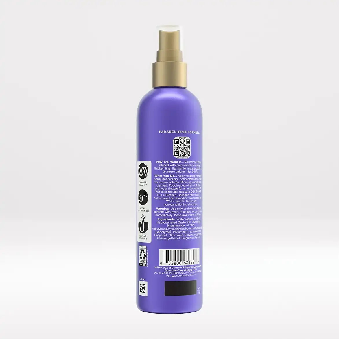 Volumizing Spray Back of Packaging