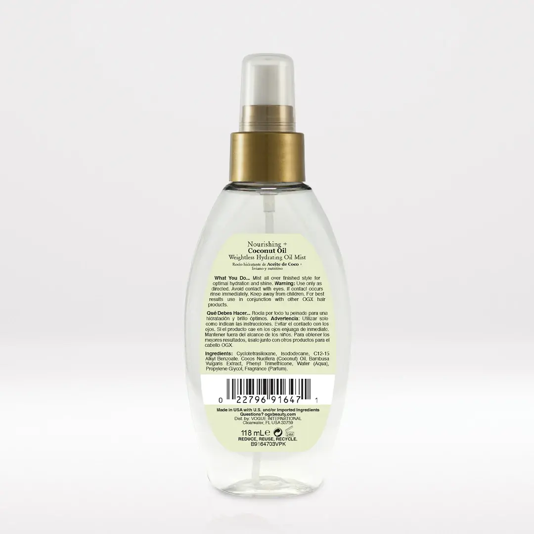 Coconut Oil Weightless Mist Back of Packaging