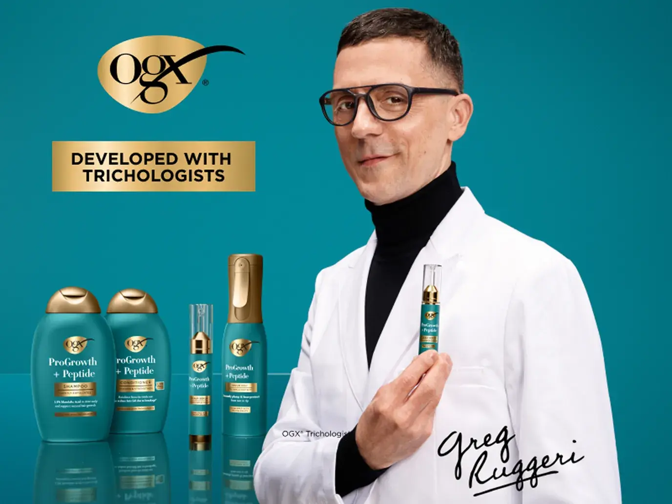 ProGrowth + Peptide Product line developed with trichologists. Image displaying trichologist holding ProGrowth Products