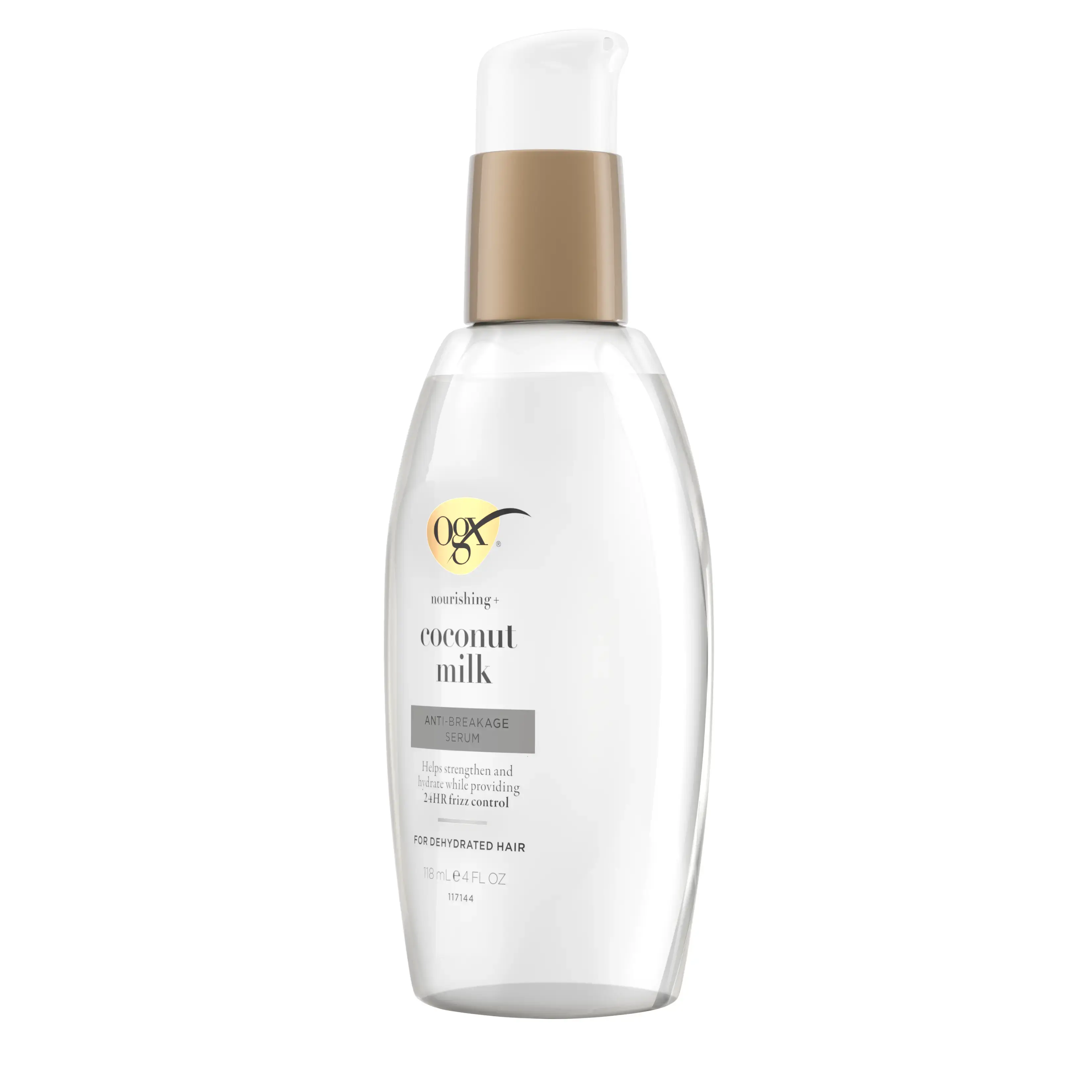 Front view bottle of Coconut Milk Anti-Breakage Serum with gold pump and clear container