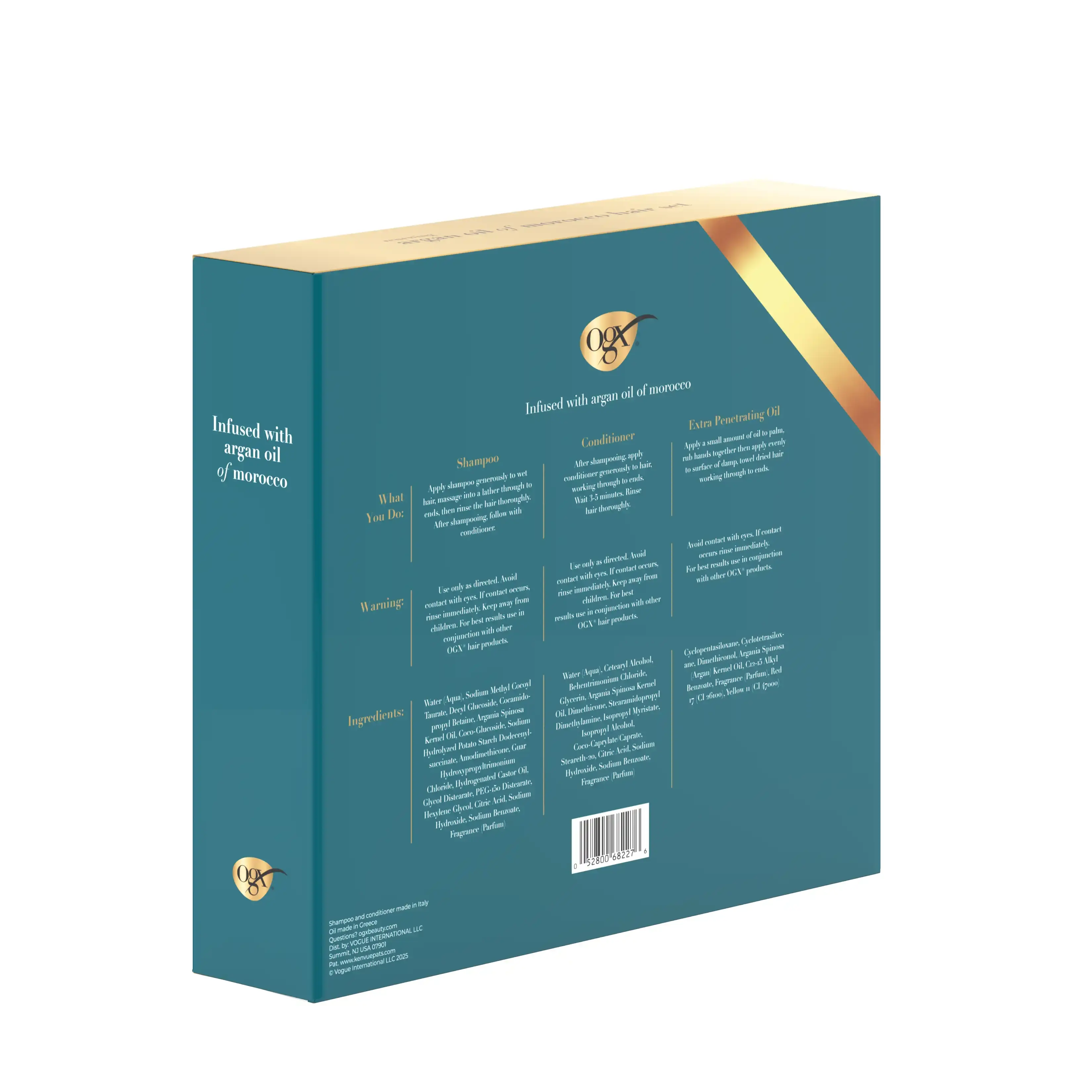 OGX® Argan Oil of Morocco set box back angled with shampoo conditioner and oil details