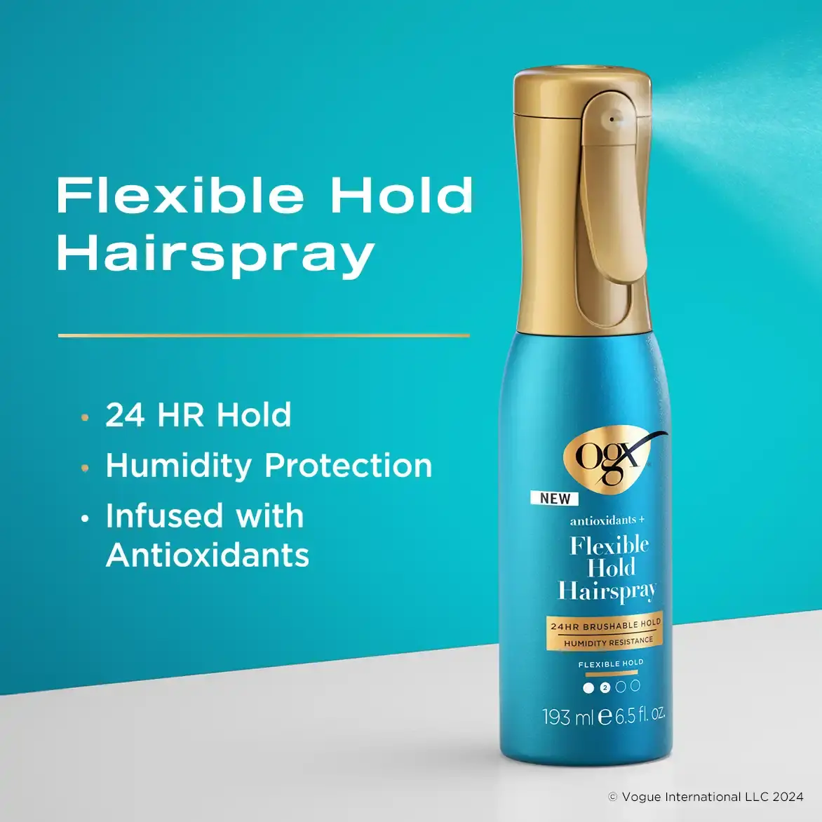 Flexible Hold Hairspray Product Benefits: 24 hour hold, humidity protection, and infused with oxidants