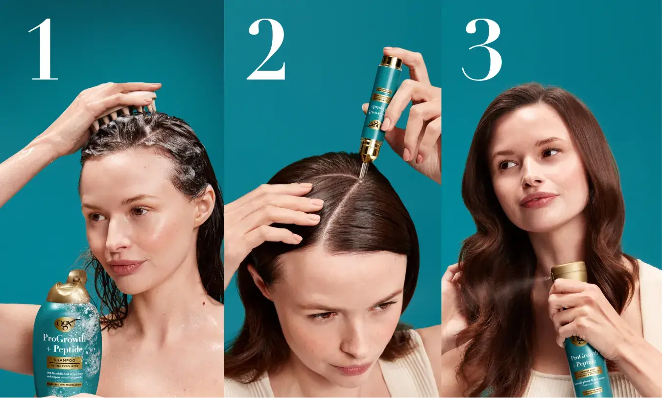 ProGrowth Routine for visibly thicker fuller hair. 1 cleanse and condition 2 treat scalp 3 protect & style