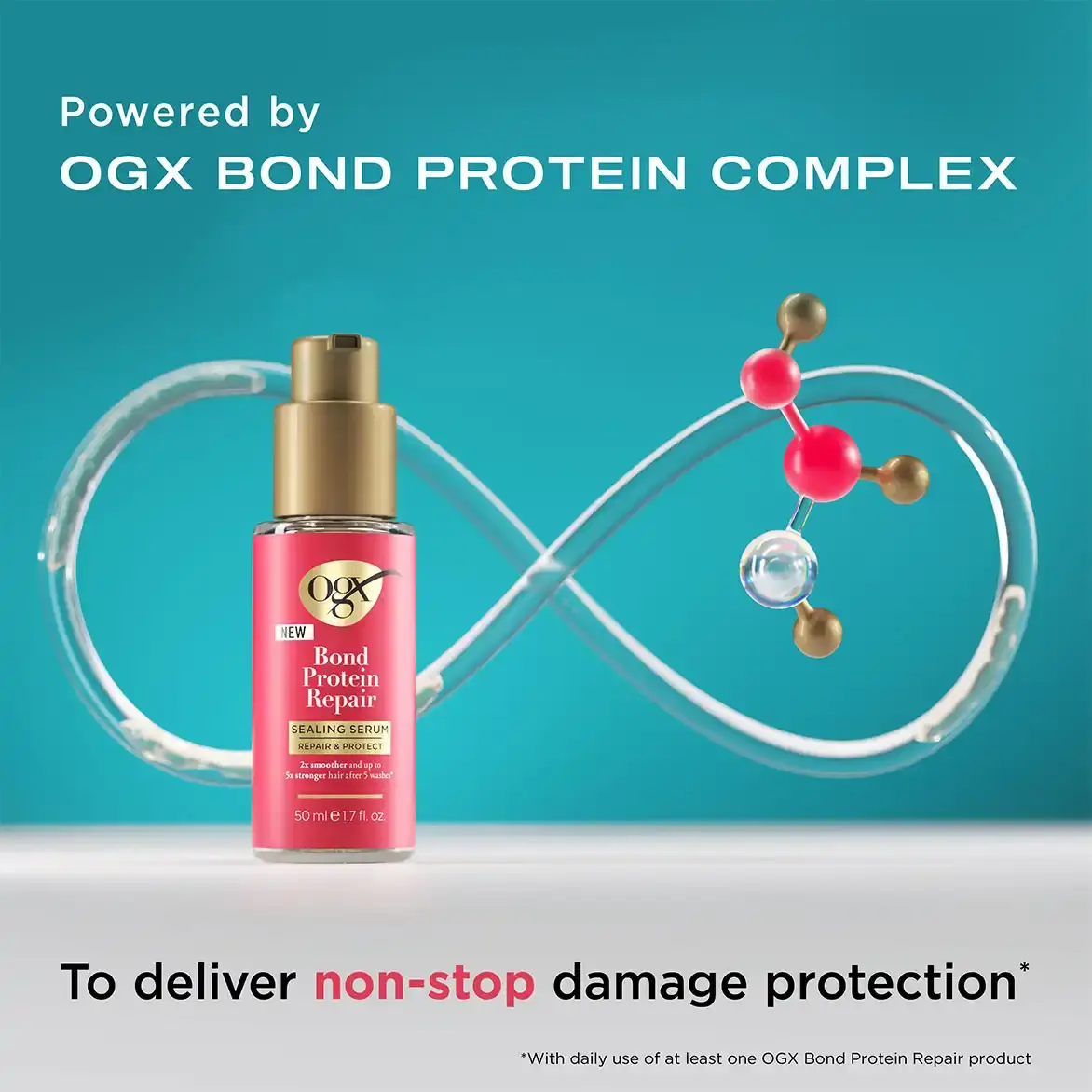 Bond Protein Repair Sealing Serum Powered by OGX Bond Protein Complex to deliver non-stop damage protection* with daily use of at least one OGX Bond Protein Repair product