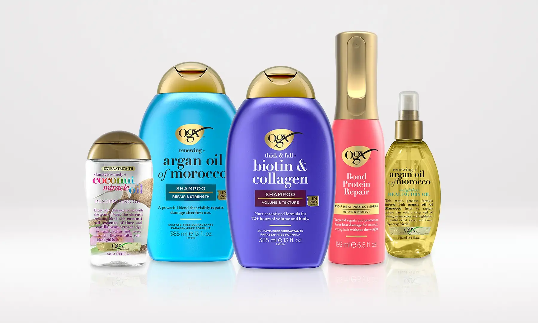 OGX® Products including Argan Oil of Morocco Shampoo, Biotin and Collagen Shampoo and Bond Protein Repair Heat Protect Spray