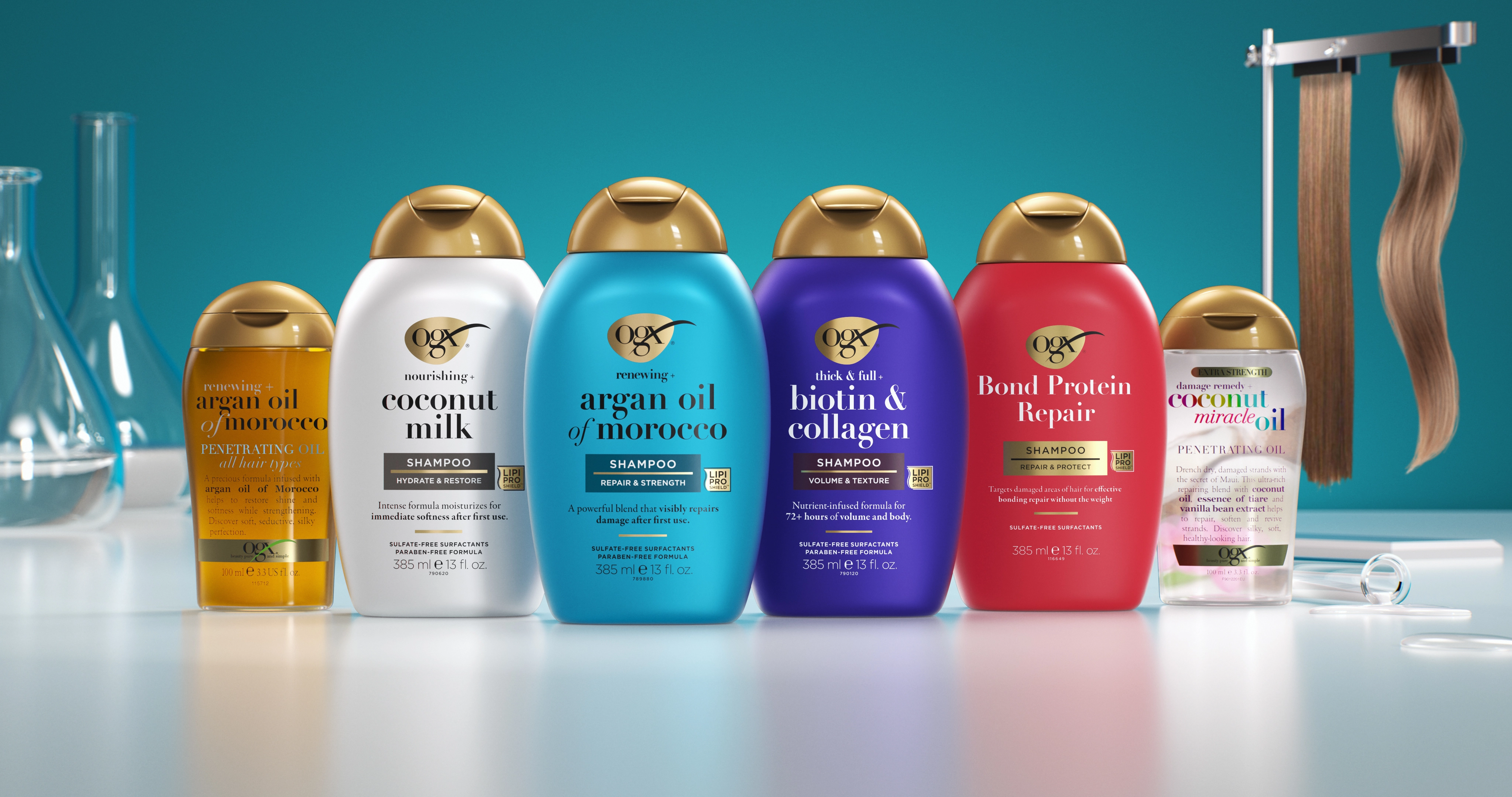 OGX® Products that include Lipi Pro Shield™ Technology: Argan Oil of Morocco, Biotin and Collagen, Coconut Milk, Rosemary Mint and Bond Protein Repair