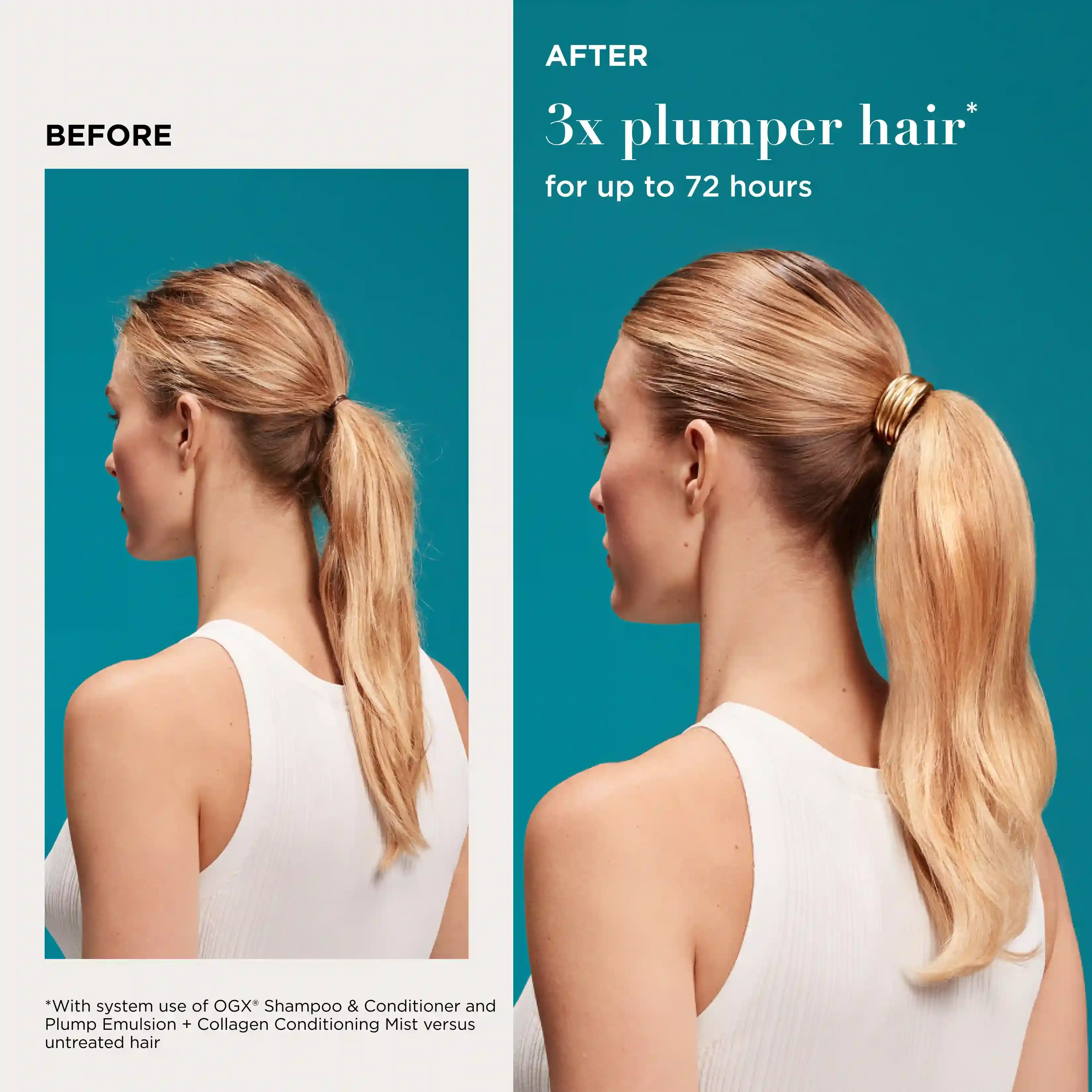 Before and After image displaying woman with 3x plumper hair for up to 72 hours