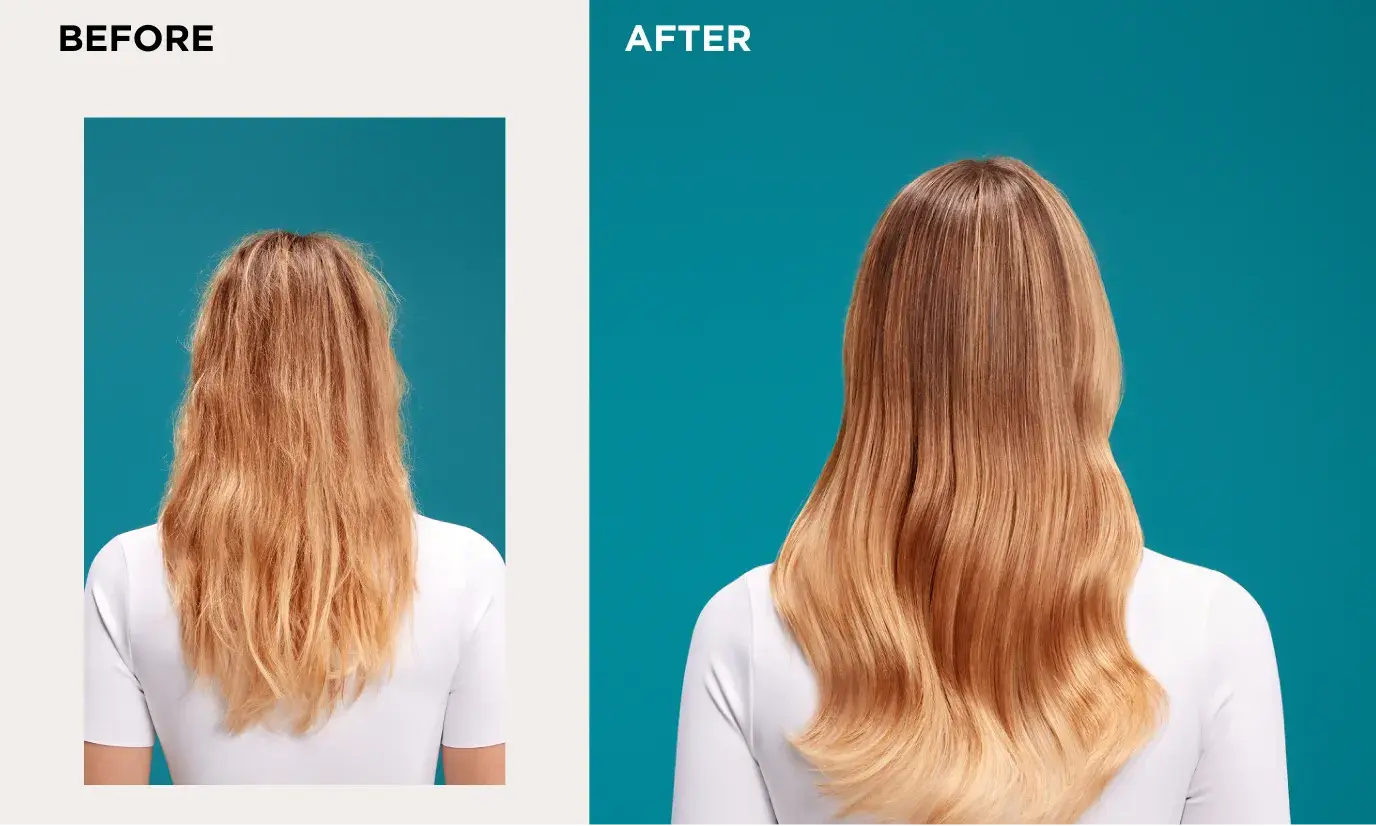 Before and After image displaying woman with 48 hours of glossy shine