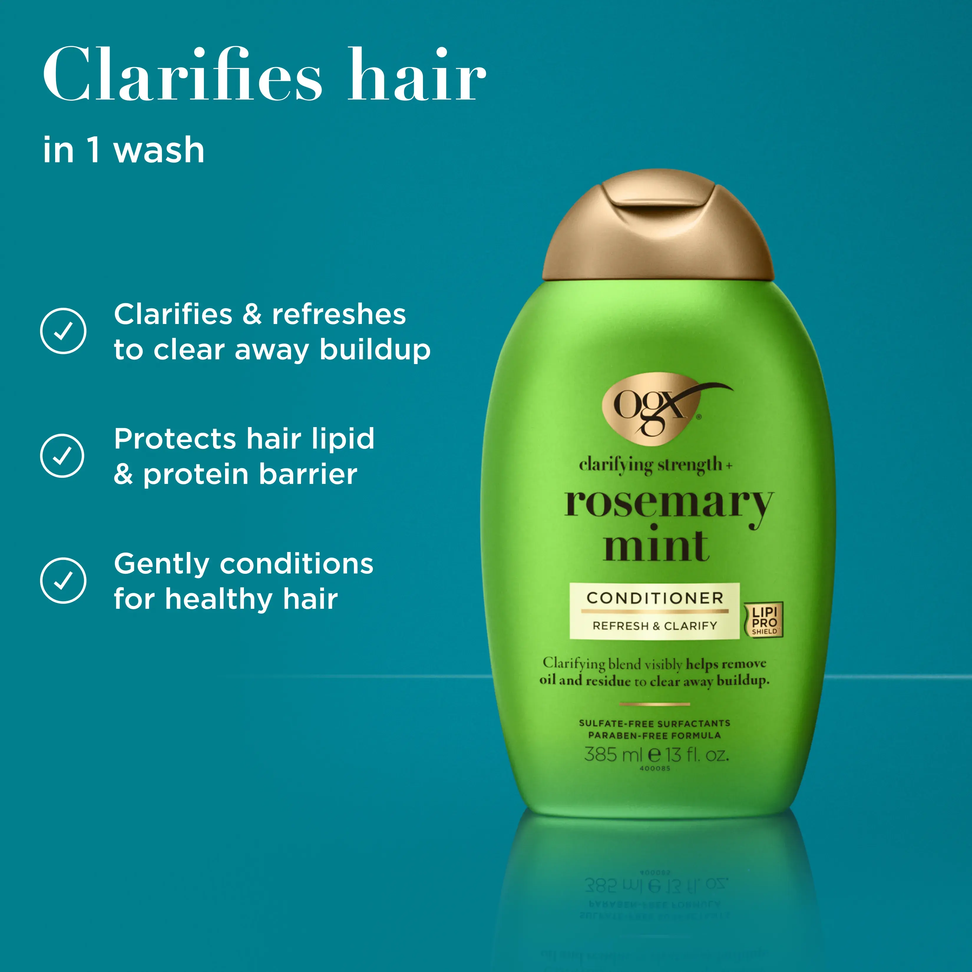 Clarifies hair in 1 wash. Clarifies & refreshes to clear away buildup, protects hair lipid & protein barrier, conditions for healthy hair.